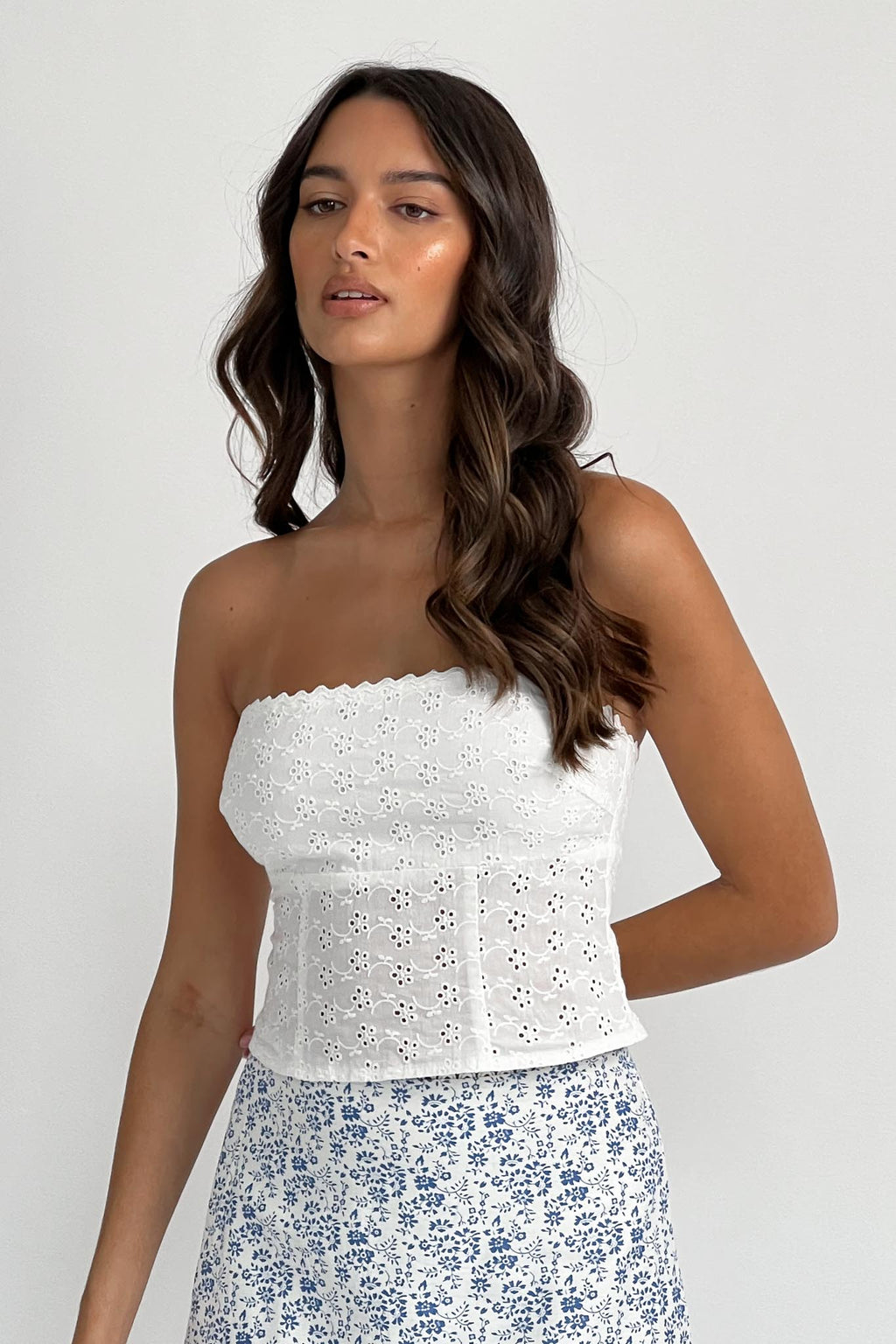 Maggie Eyelet Embroidery Strapless Top Ivory by Selfie Leslie Australia