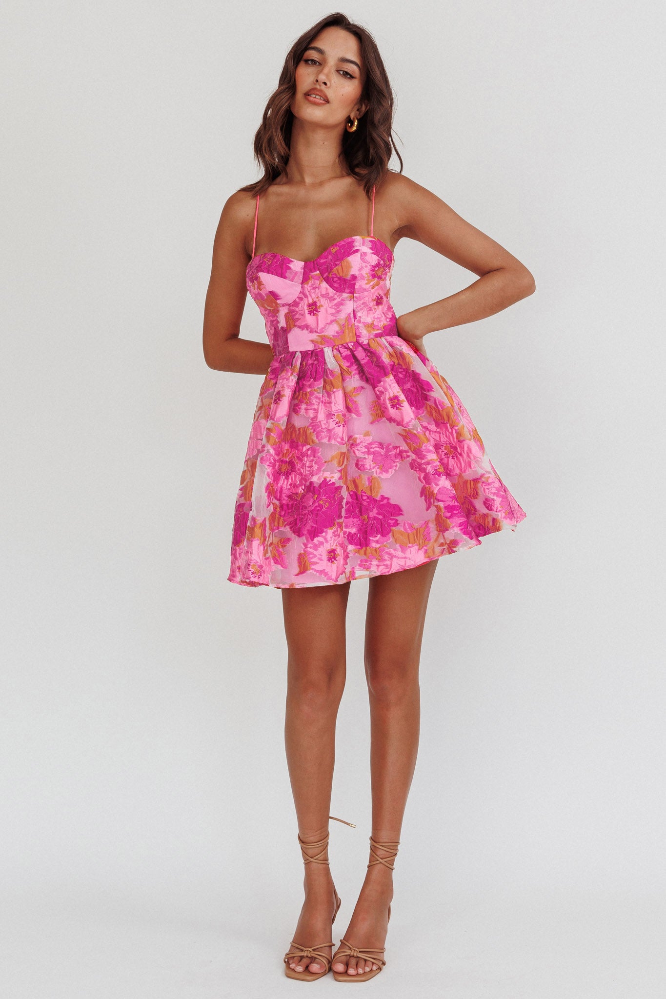 Belle Enchante Cami Strap Jacquard Mini Dress Pink by Selfie Leslie Australia