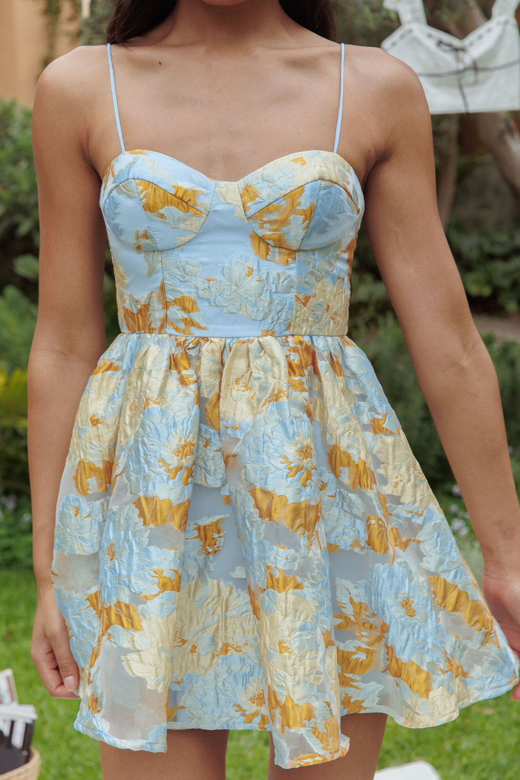 Belle Enchante Cami Strap Jacquard Mini Dress Blue by Selfie Leslie Australia