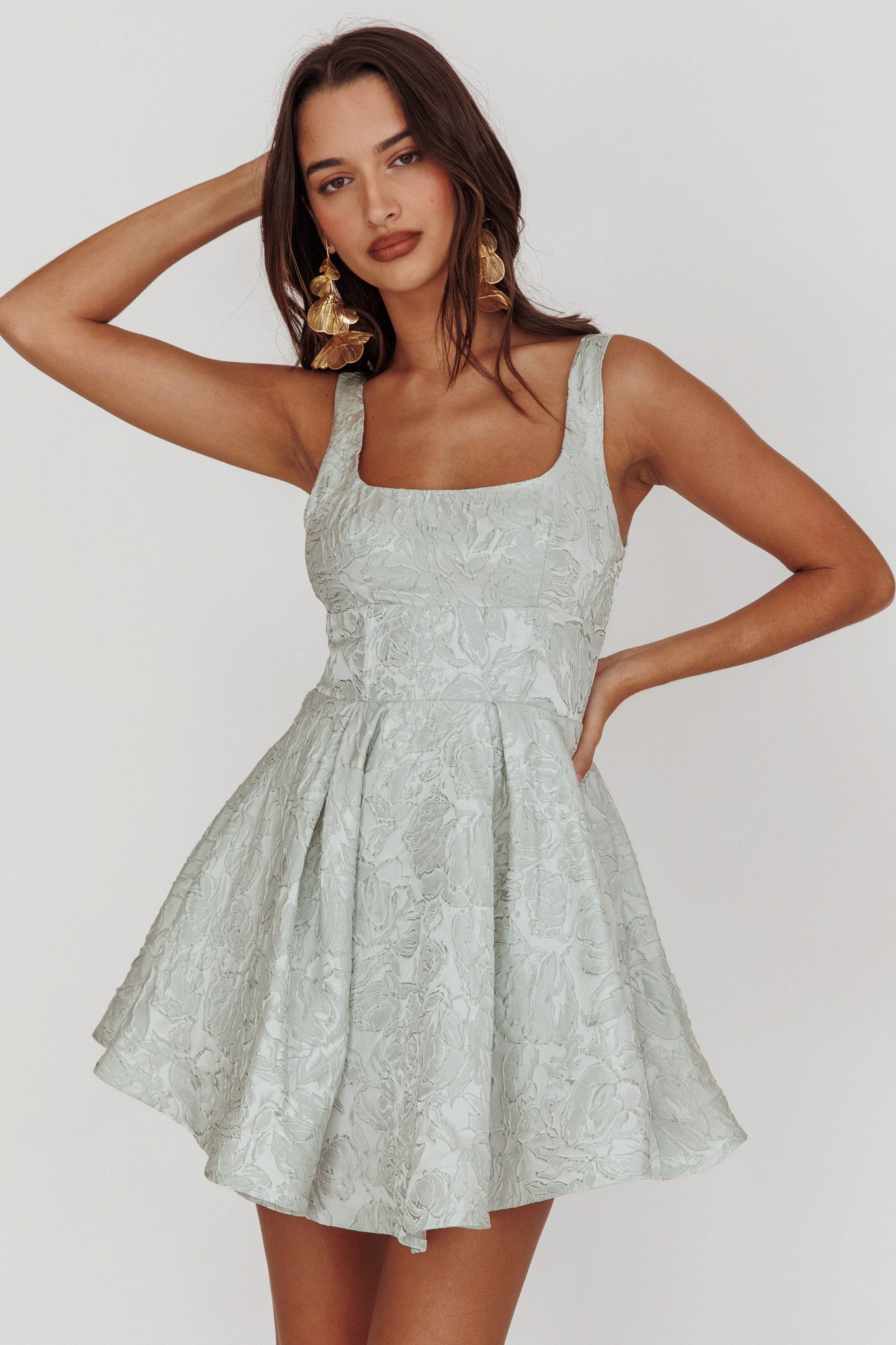 Belle Enchante Jacquard Mini Dress Sage by Selfie Leslie Australia