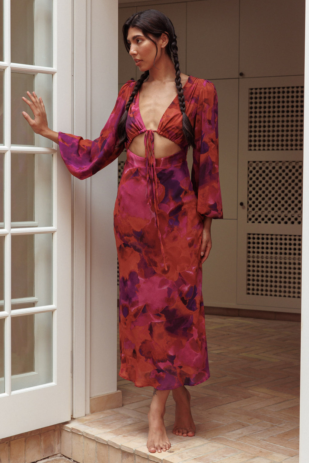 Aurora Dreams Cut-Out Waist Midi Dress Dark Rose by Selfie Leslie Australia