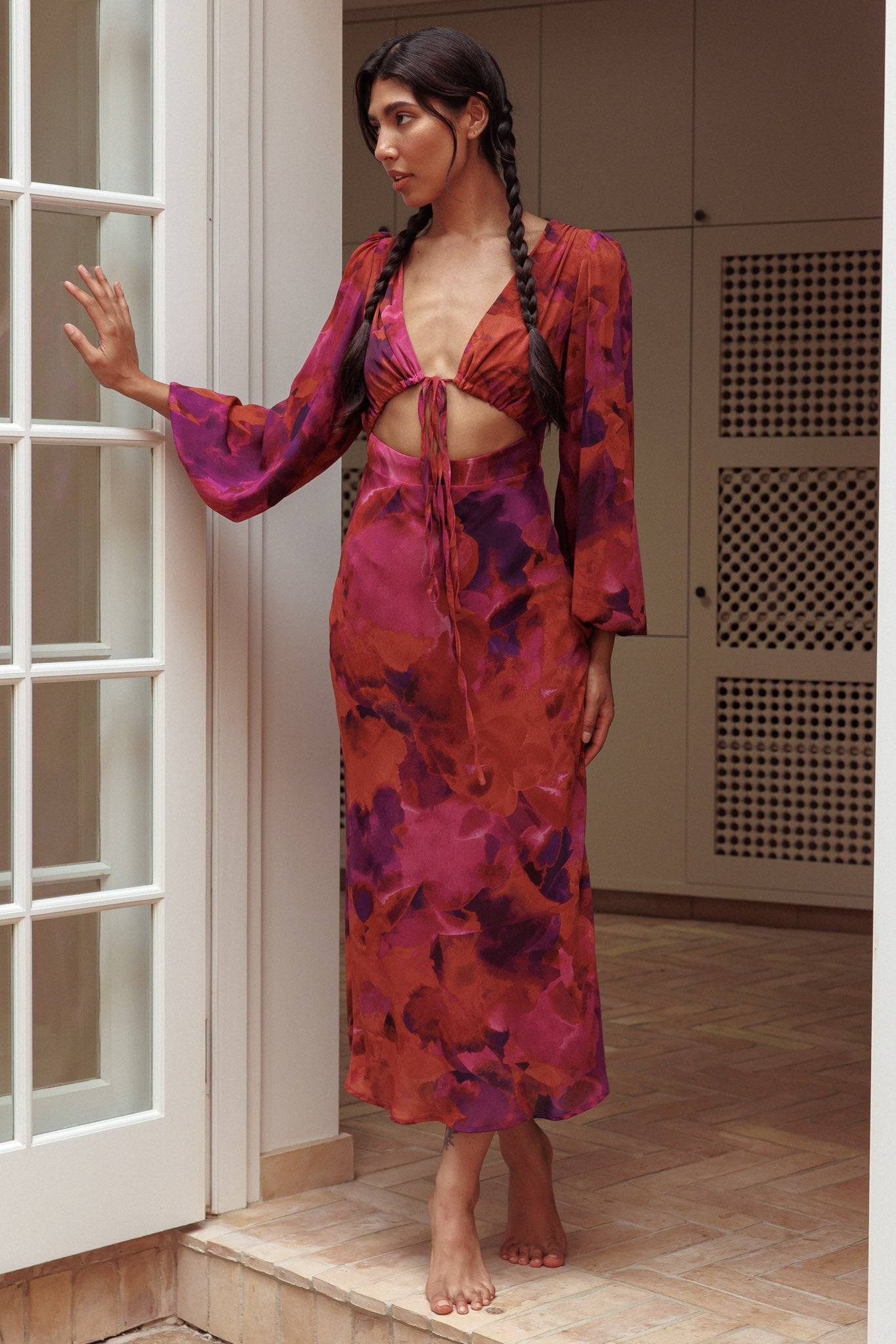 Aurora Dreams Cut-Out Waist Midi Dress Dark Rose by Selfie Leslie Australia