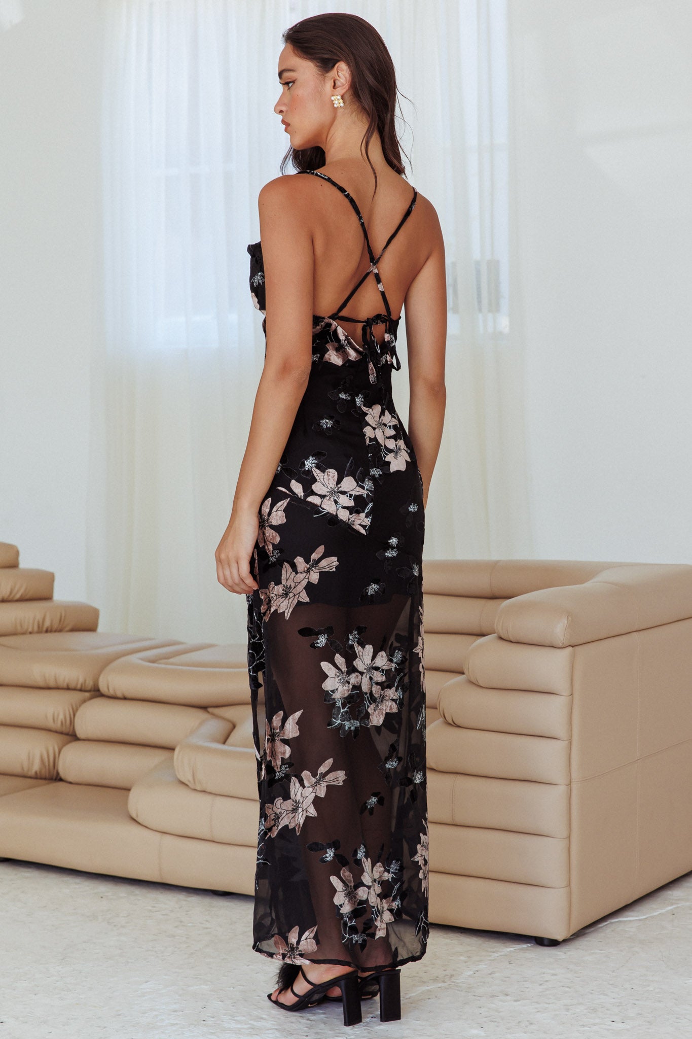 Personal Invitation Split Maxi Dress Flowers Black by Selfie Leslie Australia