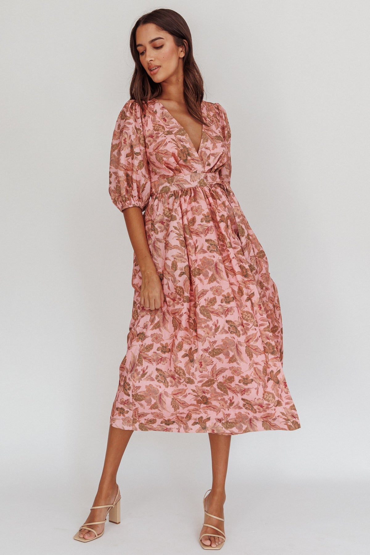 Doris Floral Puff Sleeve Midi Wrap Dress Blush by Selfie Leslie Australia