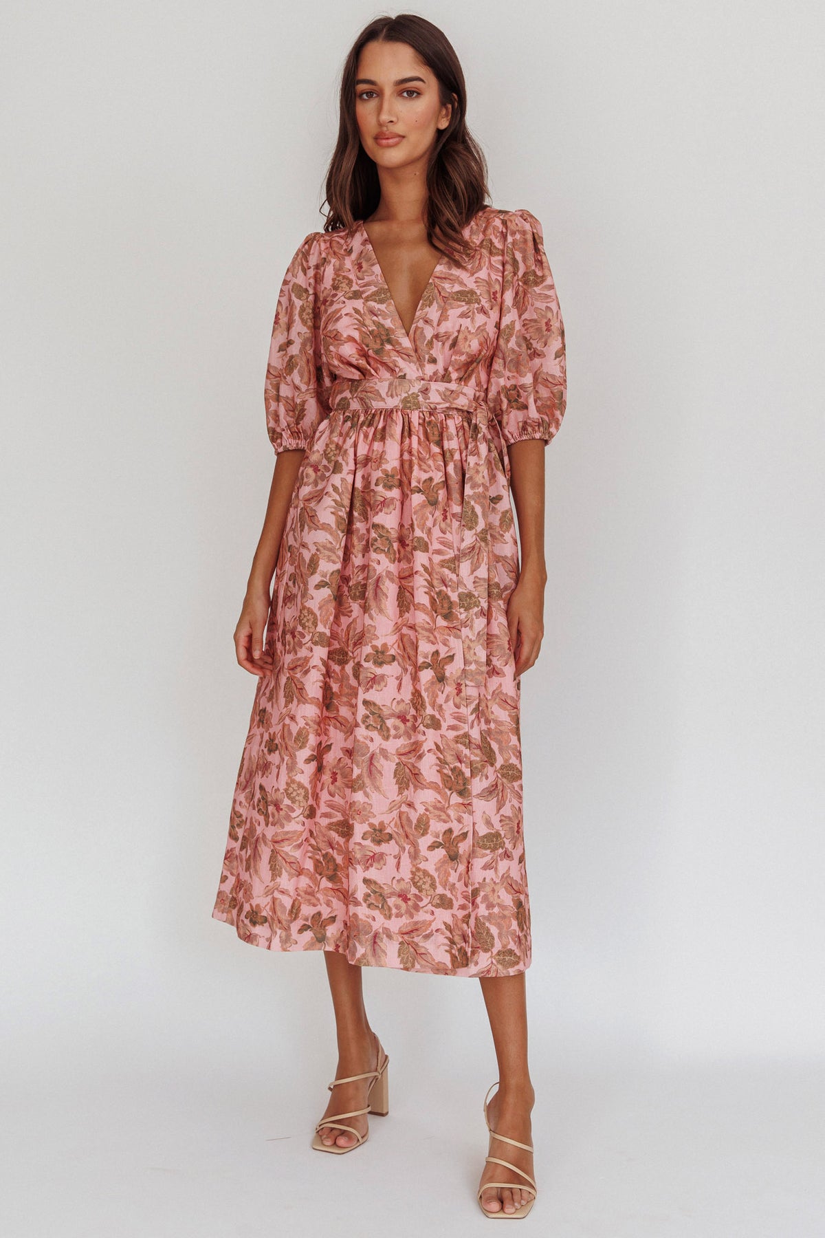Doris Floral Puff Sleeve Midi Wrap Dress Blush by Selfie Leslie Australia