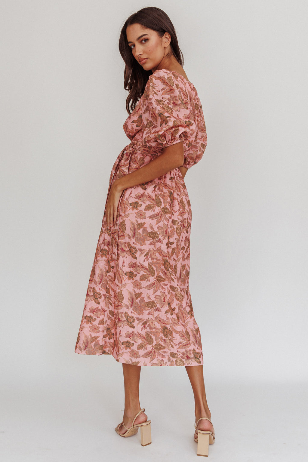 Doris Floral Puff Sleeve Midi Wrap Dress Blush by Selfie Leslie Australia