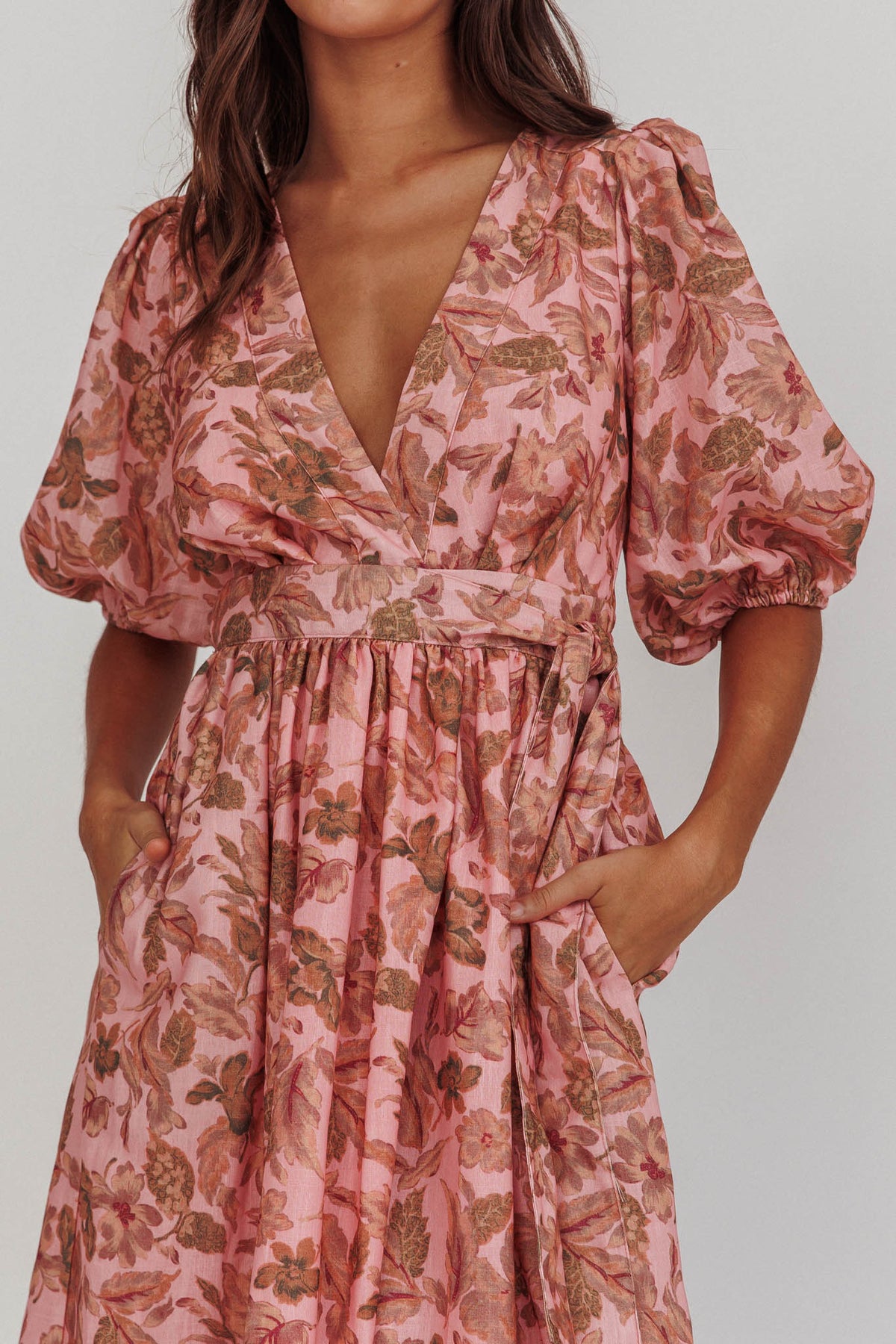 Doris Floral Puff Sleeve Midi Wrap Dress Blush by Selfie Leslie Australia