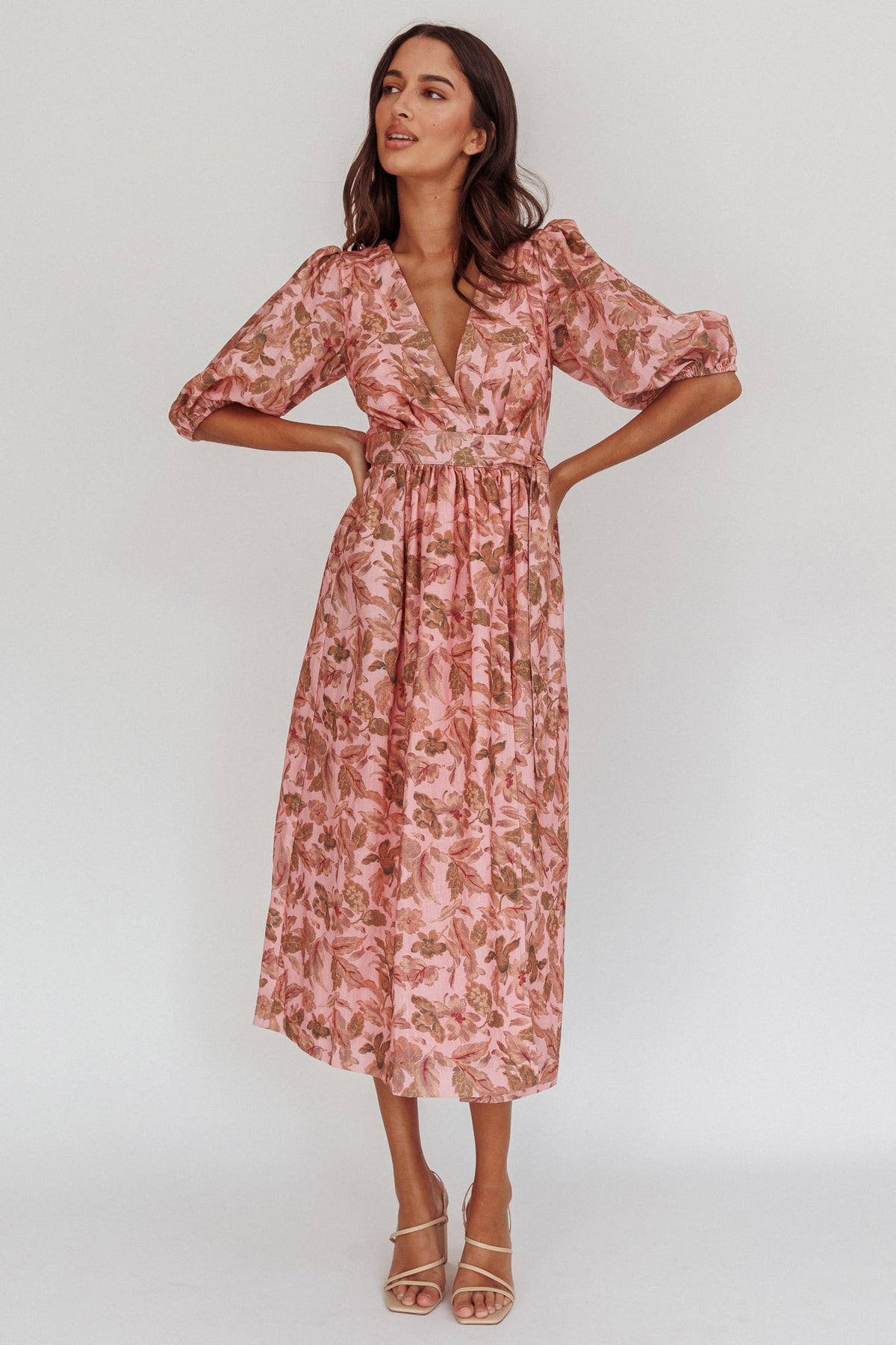 Doris Floral Puff Sleeve Midi Wrap Dress Blush by Selfie Leslie Australia