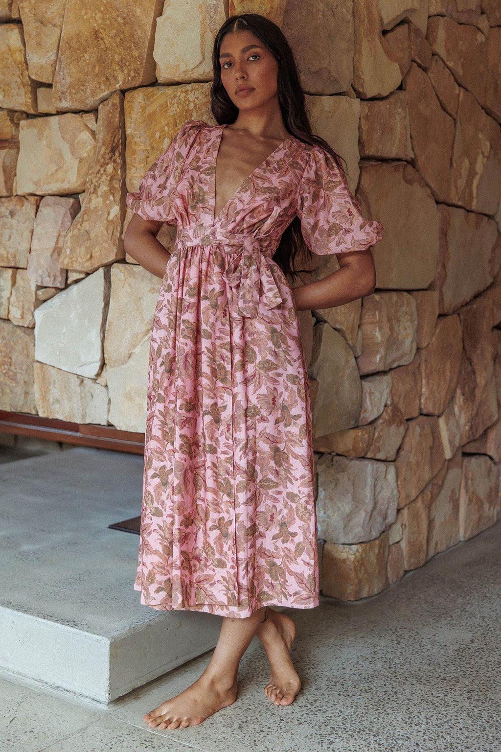 puff sleeve midi wrap dress Doris Floral Puff Sleeve Midi Wrap Dress Blush