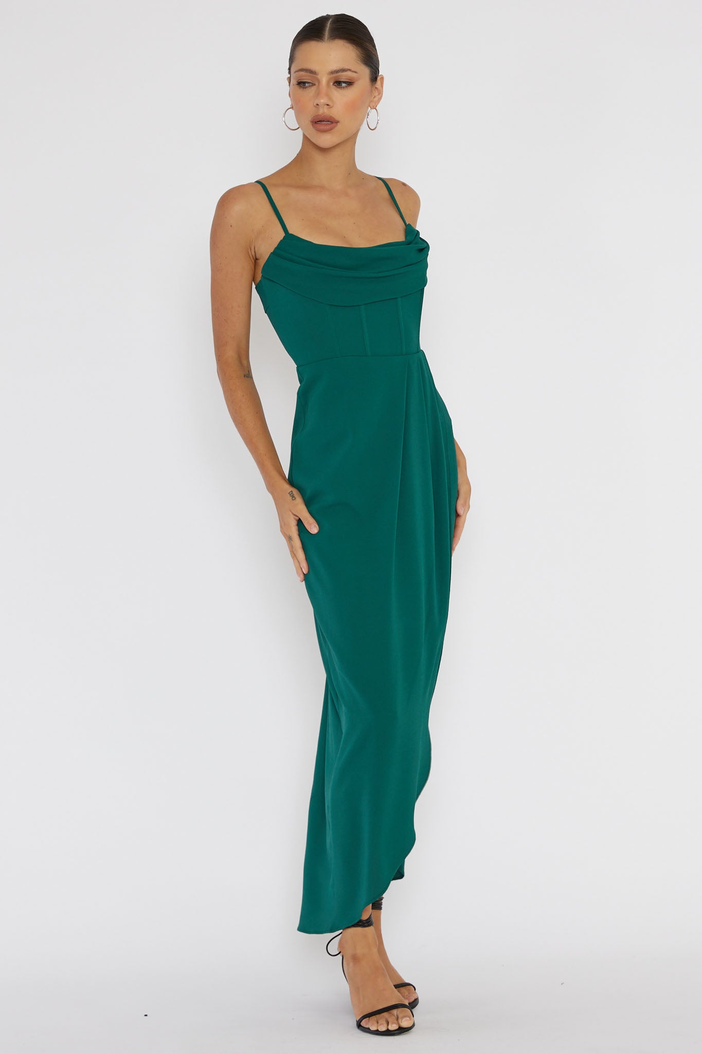 Patrice Draped Neck Split Midi Dress Forest Green by Selfie Leslie Australia