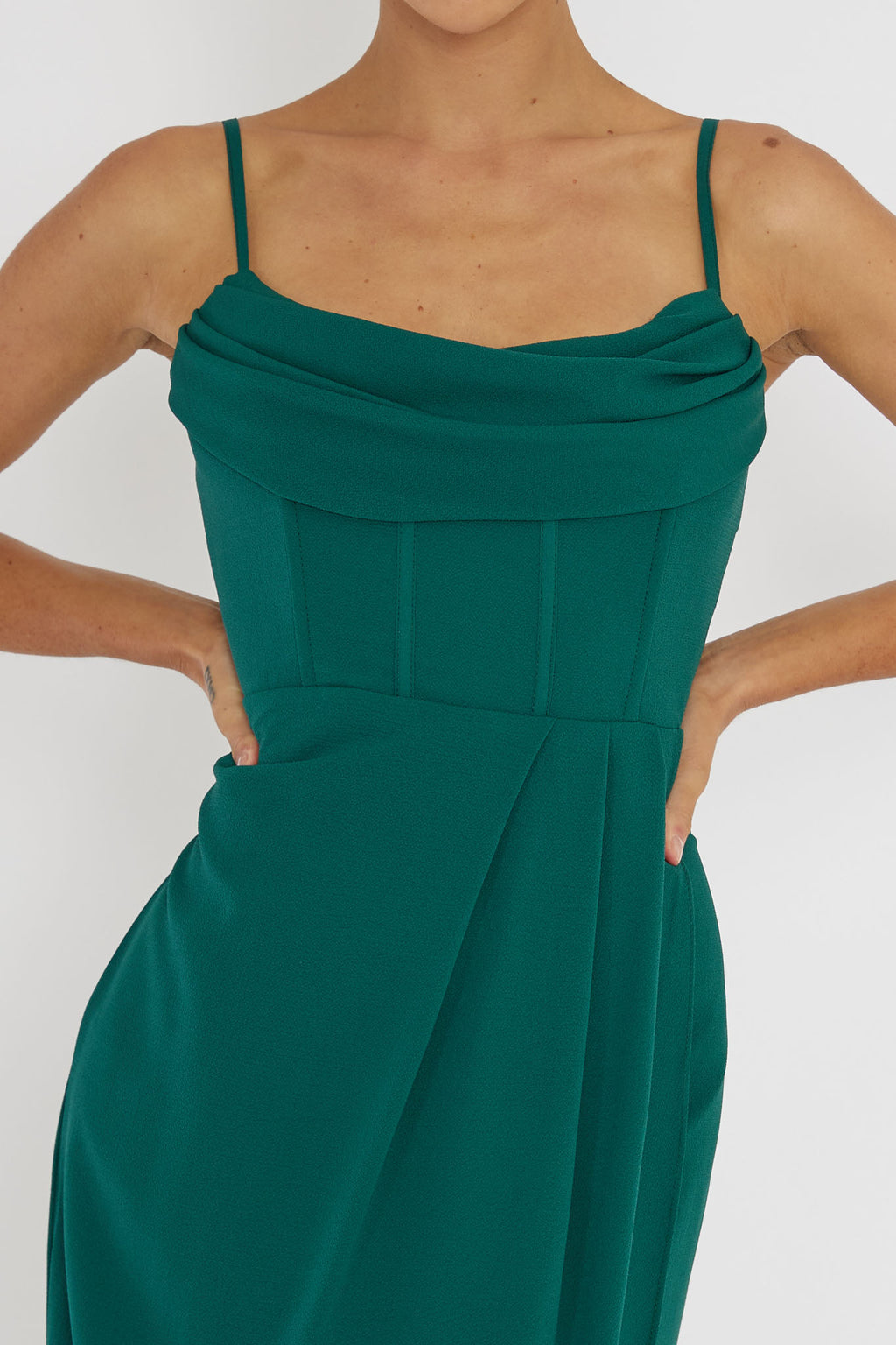 Patrice Draped Neck Split Midi Dress Forest Green by Selfie Leslie Australia