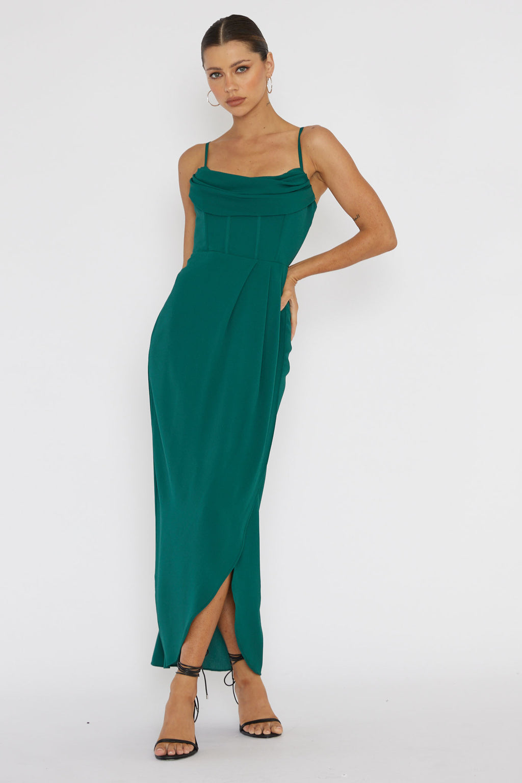 Patrice Draped Neck Split Midi Dress Forest Green by Selfie Leslie Australia