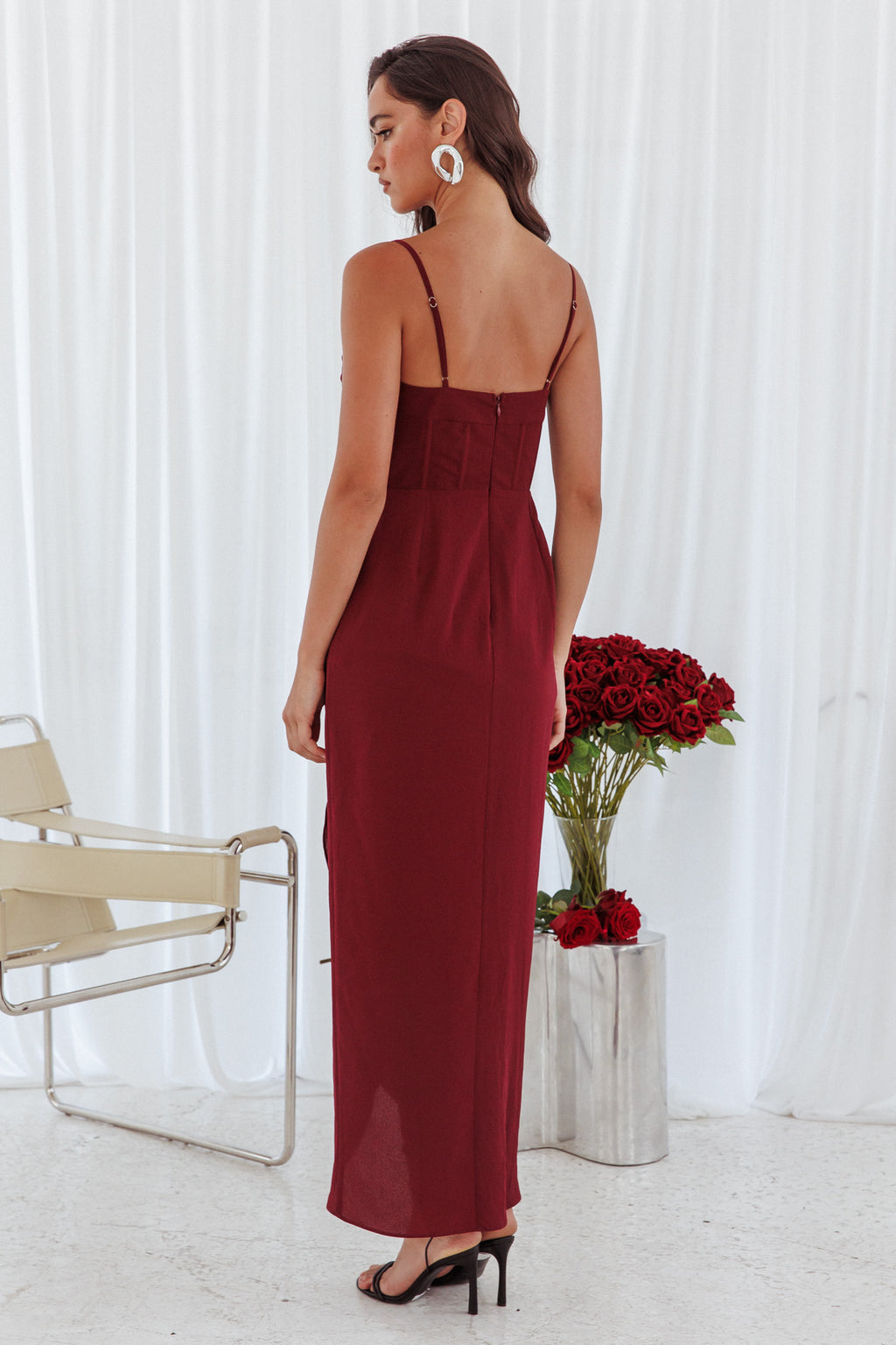 Patrice Draped Neck Split Midi Dress Wine by Selfie Leslie Australia