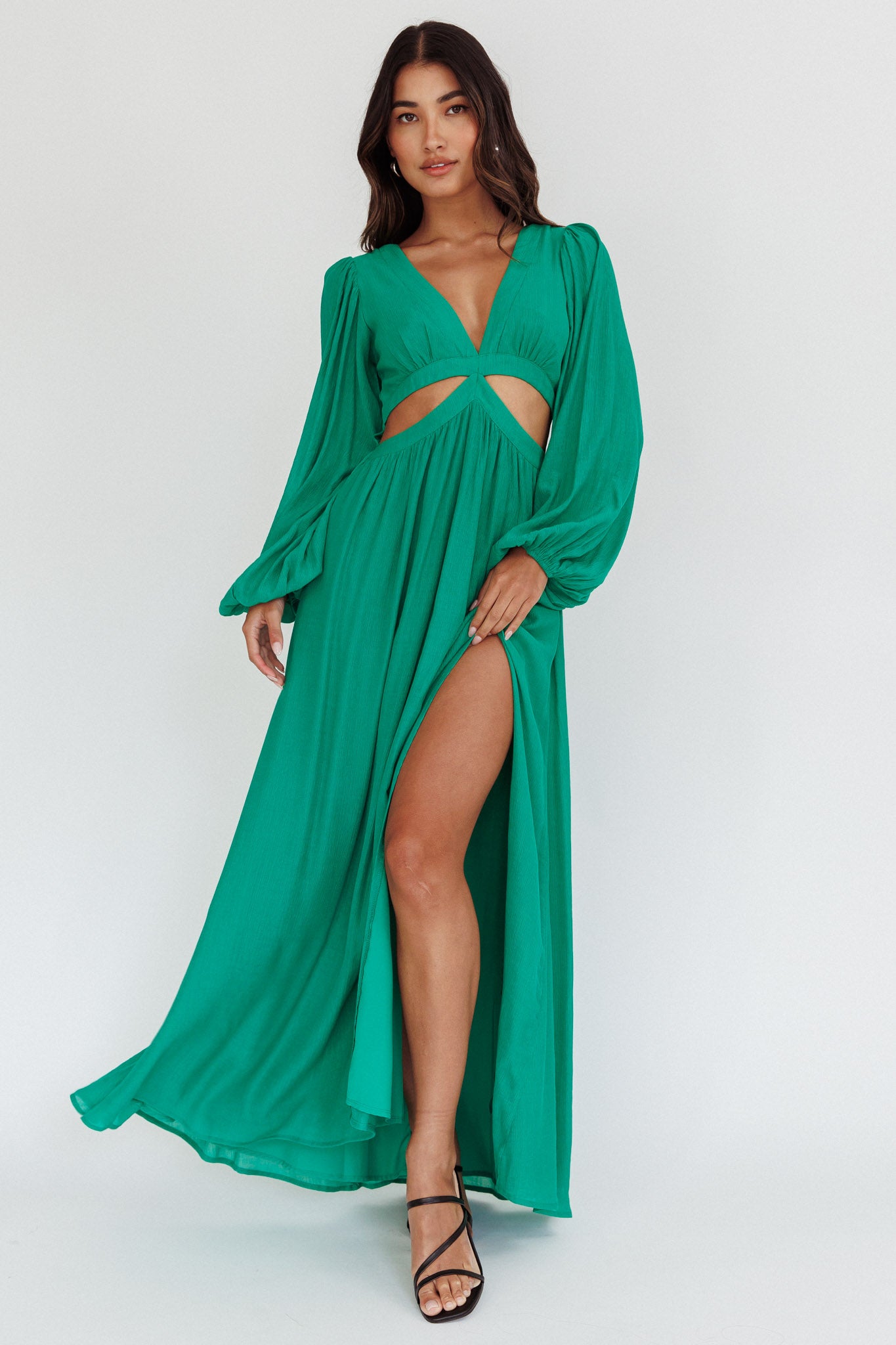 Jessalynn Cut-Out Long Sleeve Maxi Dress Green | Selfie Leslie Australia Jessalynn Cut-Out Long Sleeve Maxi Dress Green | Selfie Leslie Australia