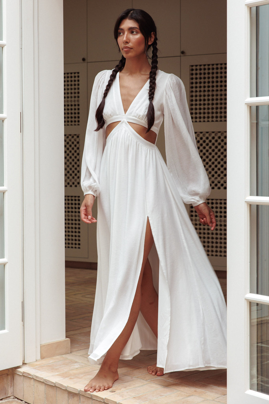 Jessalynn Cut-Out Long Sleeve Maxi Dress White by Selfie Leslie Australia