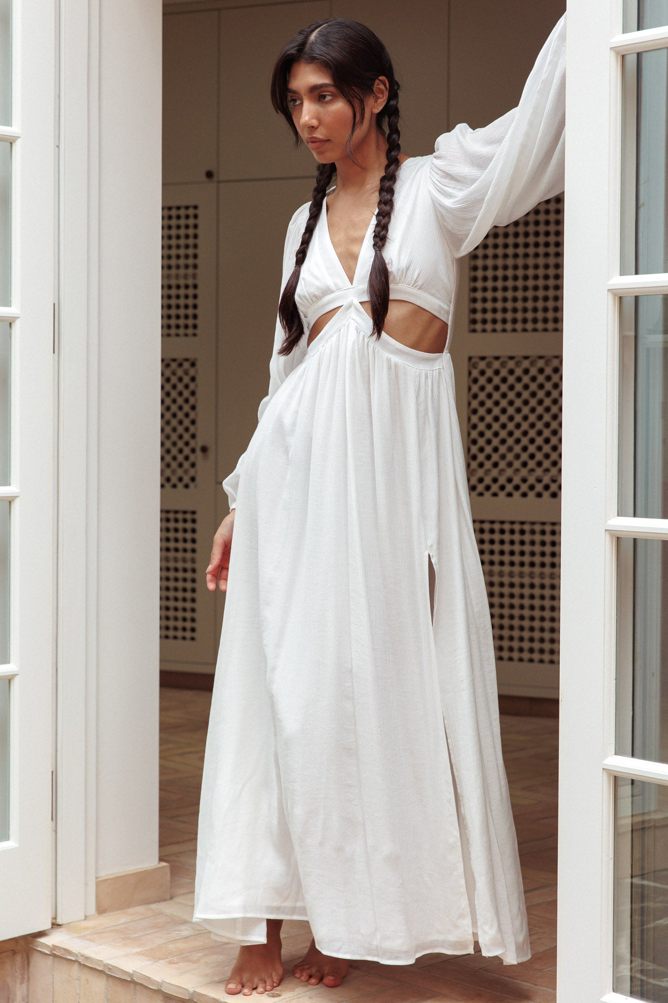 Jessalynn Cut-Out Long Sleeve Maxi Dress White by Selfie Leslie Australia