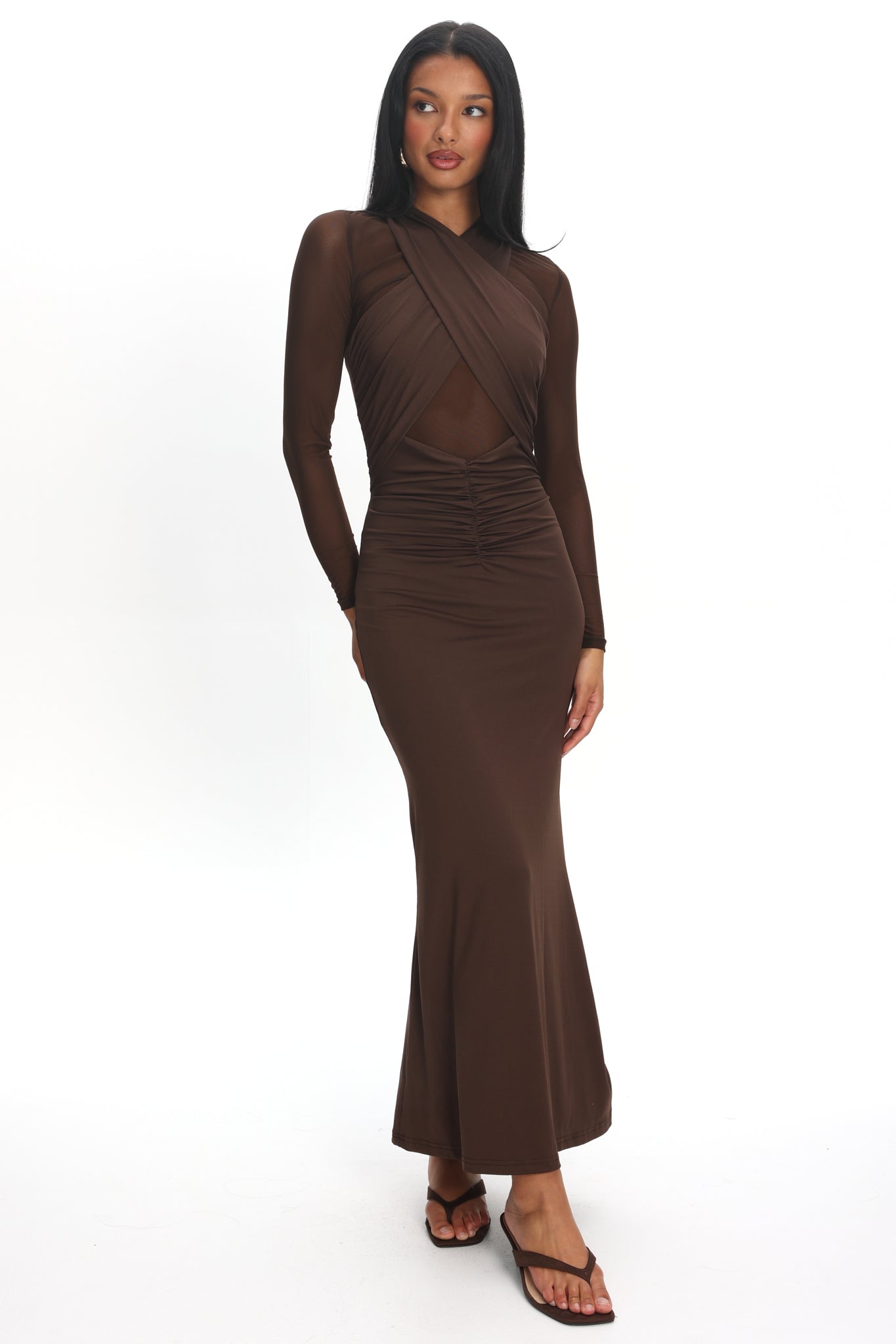 Esther Sheer Waist Maxi Dress Chocolate by Selfie Leslie Australia