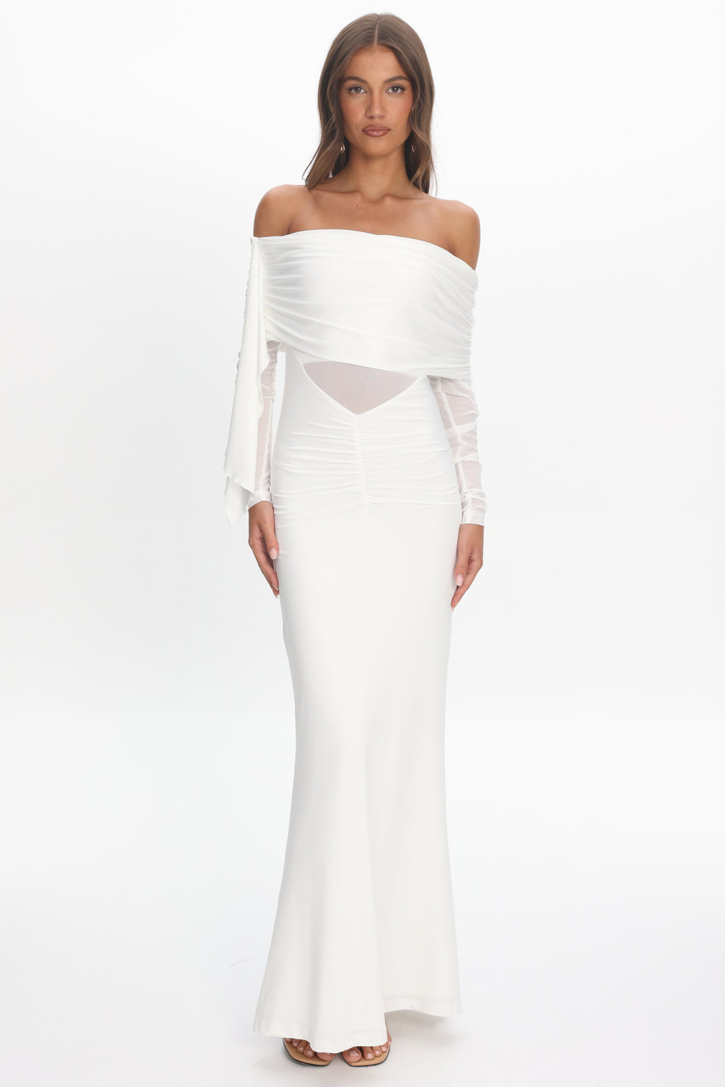 Marlowe Off-Shoulder Sheer Waist Maxi Dress Off White by Selfie Leslie Australia