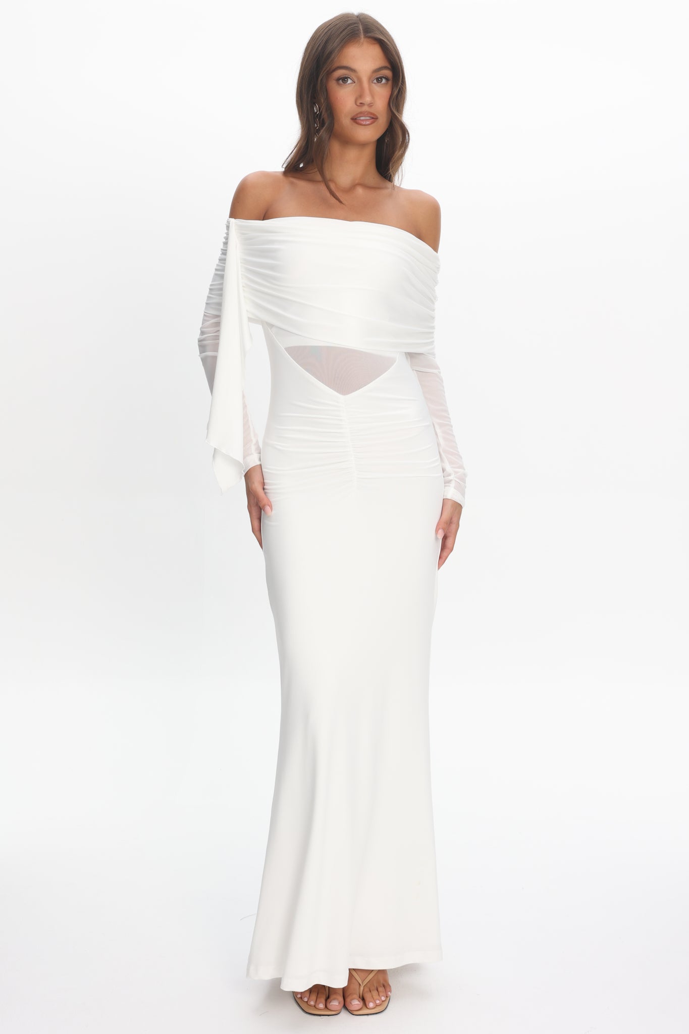 Marlowe Off-Shoulder Sheer Waist Maxi Dress Off White by Selfie Leslie Australia