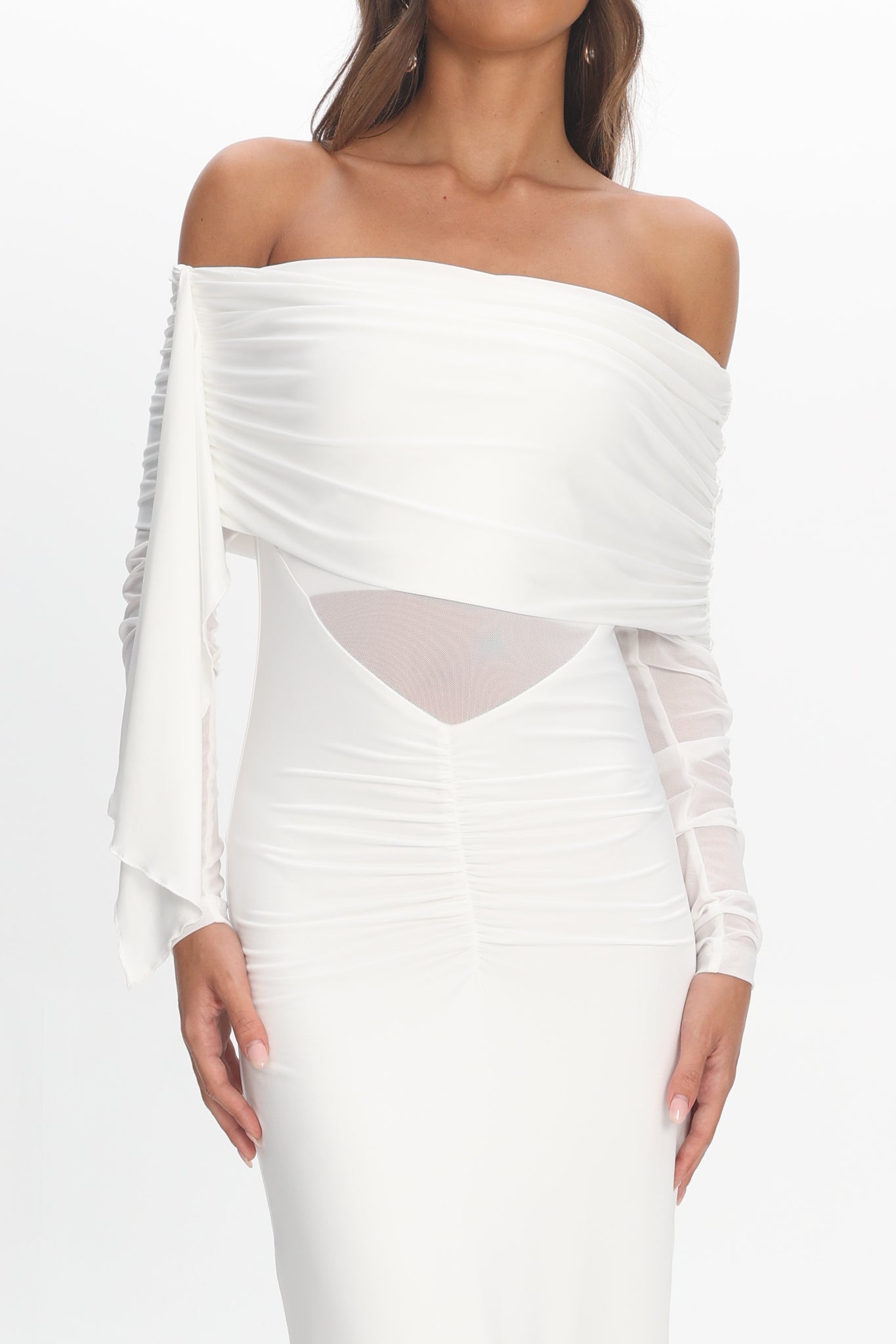Marlowe Off-Shoulder Sheer Waist Maxi Dress Off White by Selfie Leslie Australia
