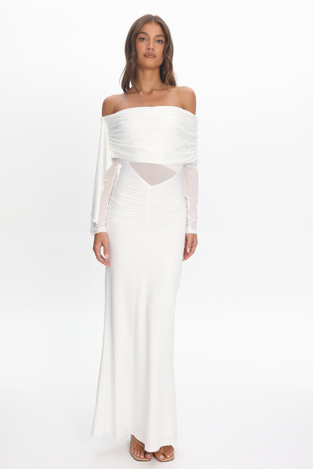 Marlowe Off-Shoulder Sheer Waist Maxi Dress Off White by Selfie Leslie Australia