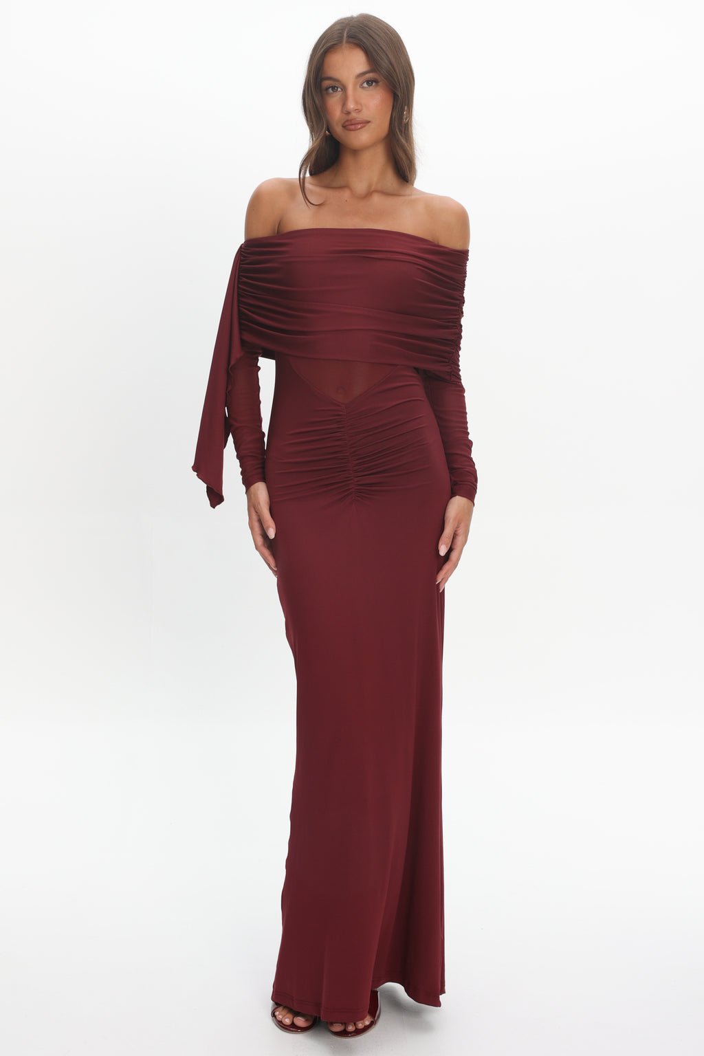 Marlowe Off-Shoulder Sheer Waist Maxi Dress Wine by Selfie Leslie Australia