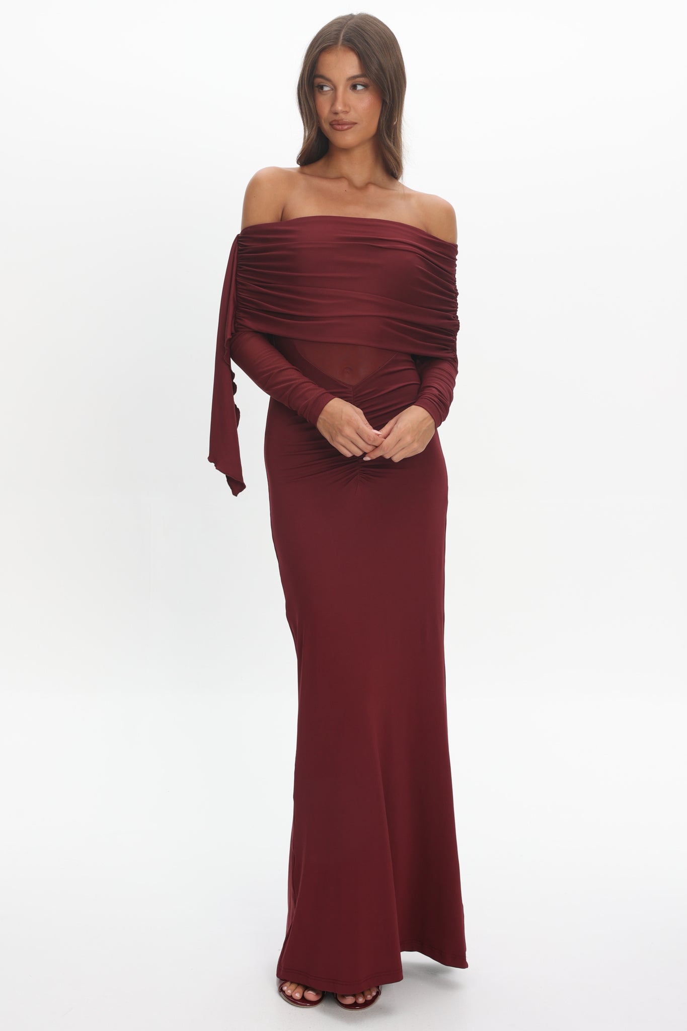 Marlowe Off-Shoulder Sheer Waist Maxi Dress Wine by Selfie Leslie Australia