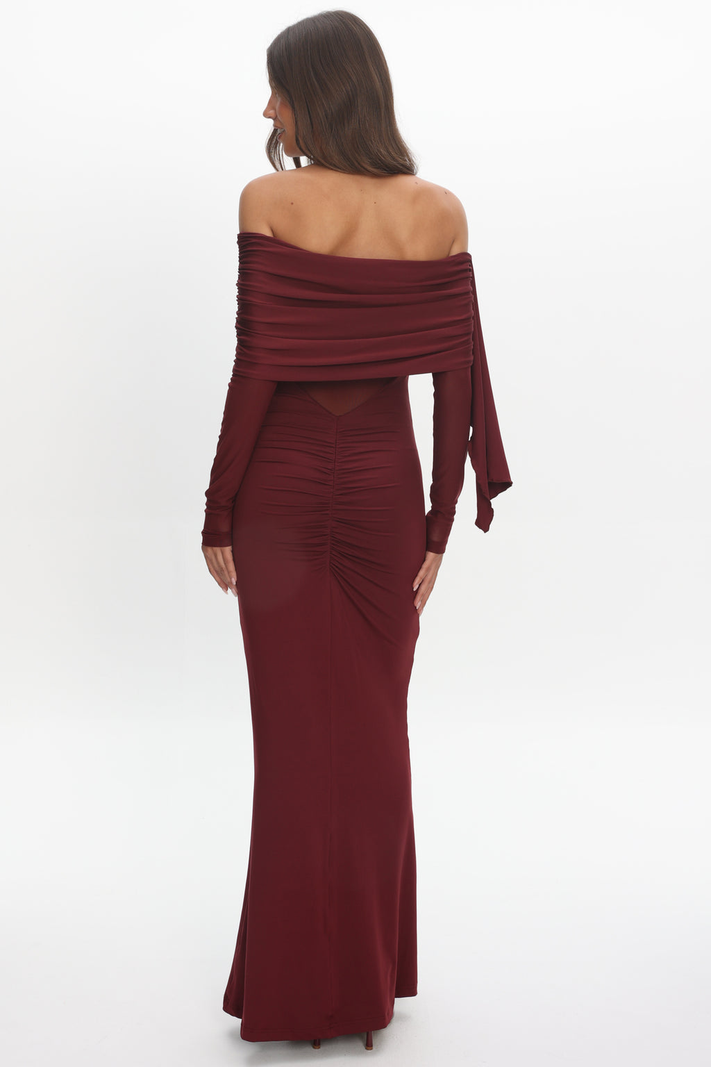 Marlowe Off-Shoulder Sheer Waist Maxi Dress Wine by Selfie Leslie Australia