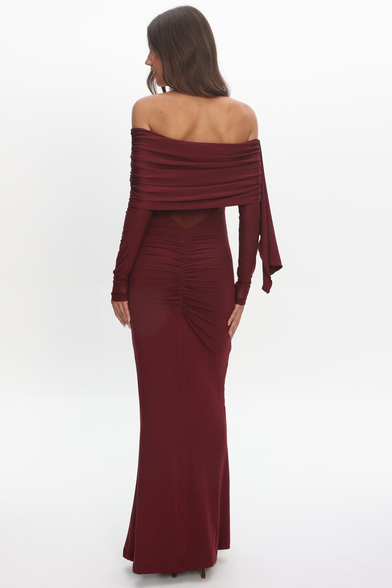 Marlowe Off-Shoulder Sheer Waist Maxi Dress Wine by Selfie Leslie Australia