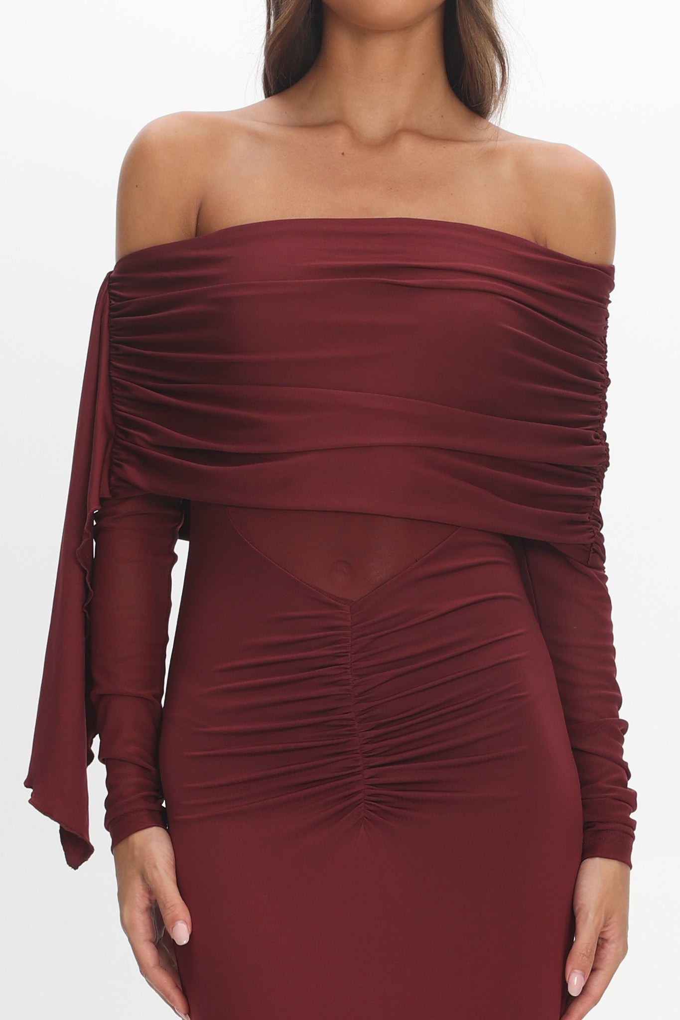 Marlowe Off-Shoulder Sheer Waist Maxi Dress Wine by Selfie Leslie Australia