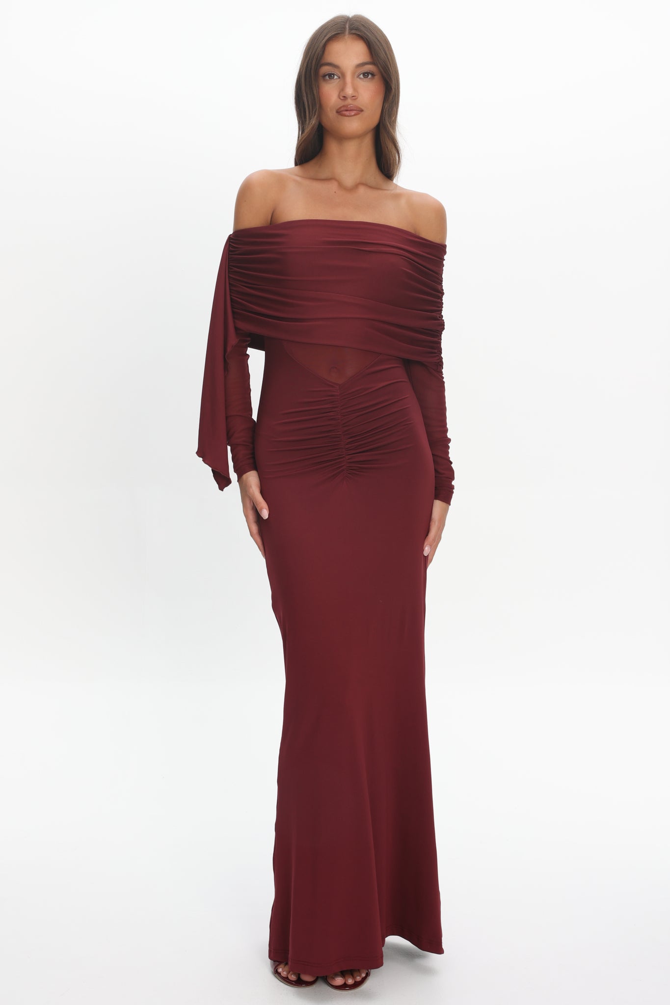 Marlowe Off-Shoulder Sheer Waist Maxi Dress Wine by Selfie Leslie Australia