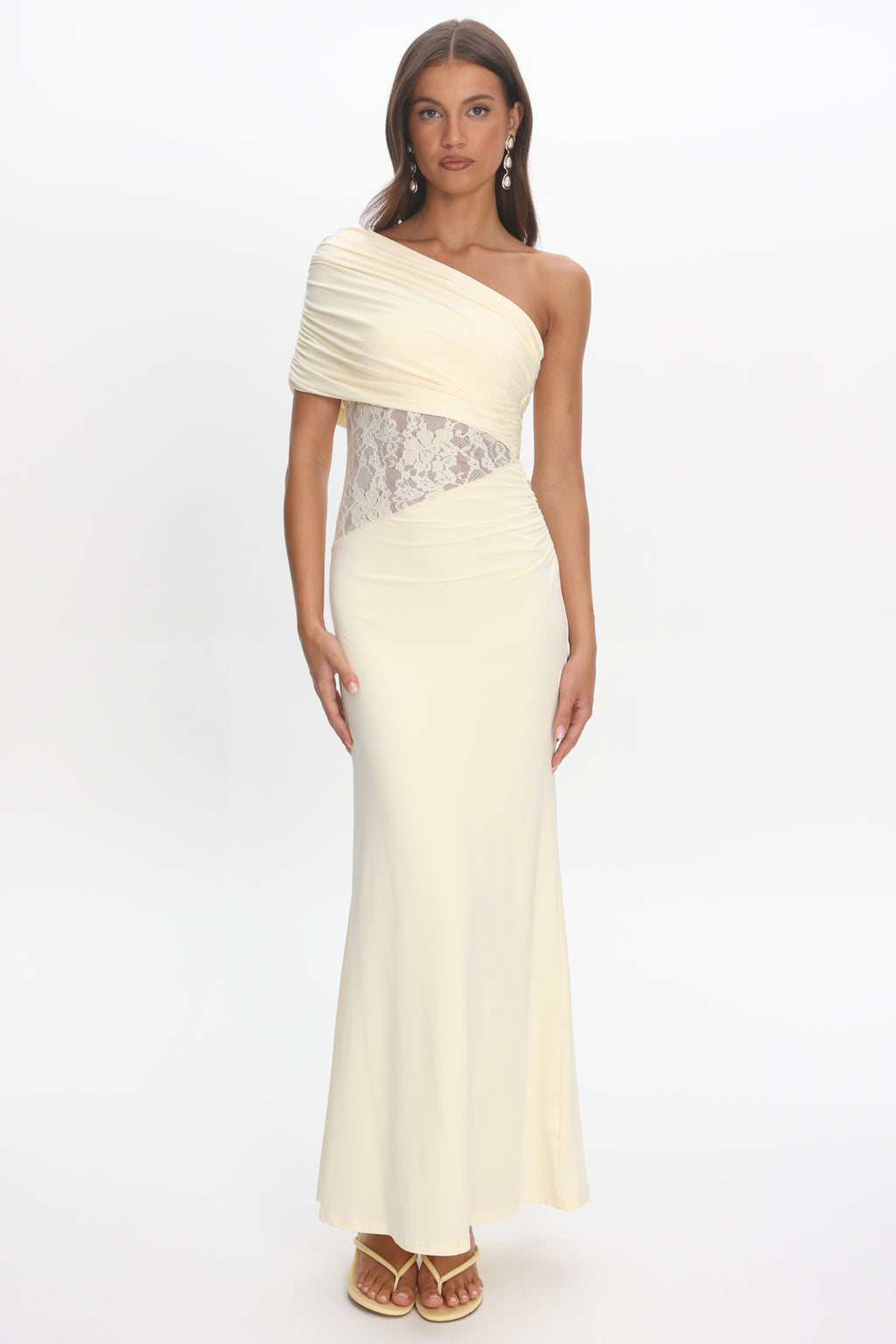 Mallorca Asymmetric Neckline Lace Maxi Dress Butter by Selfie Leslie Australia
