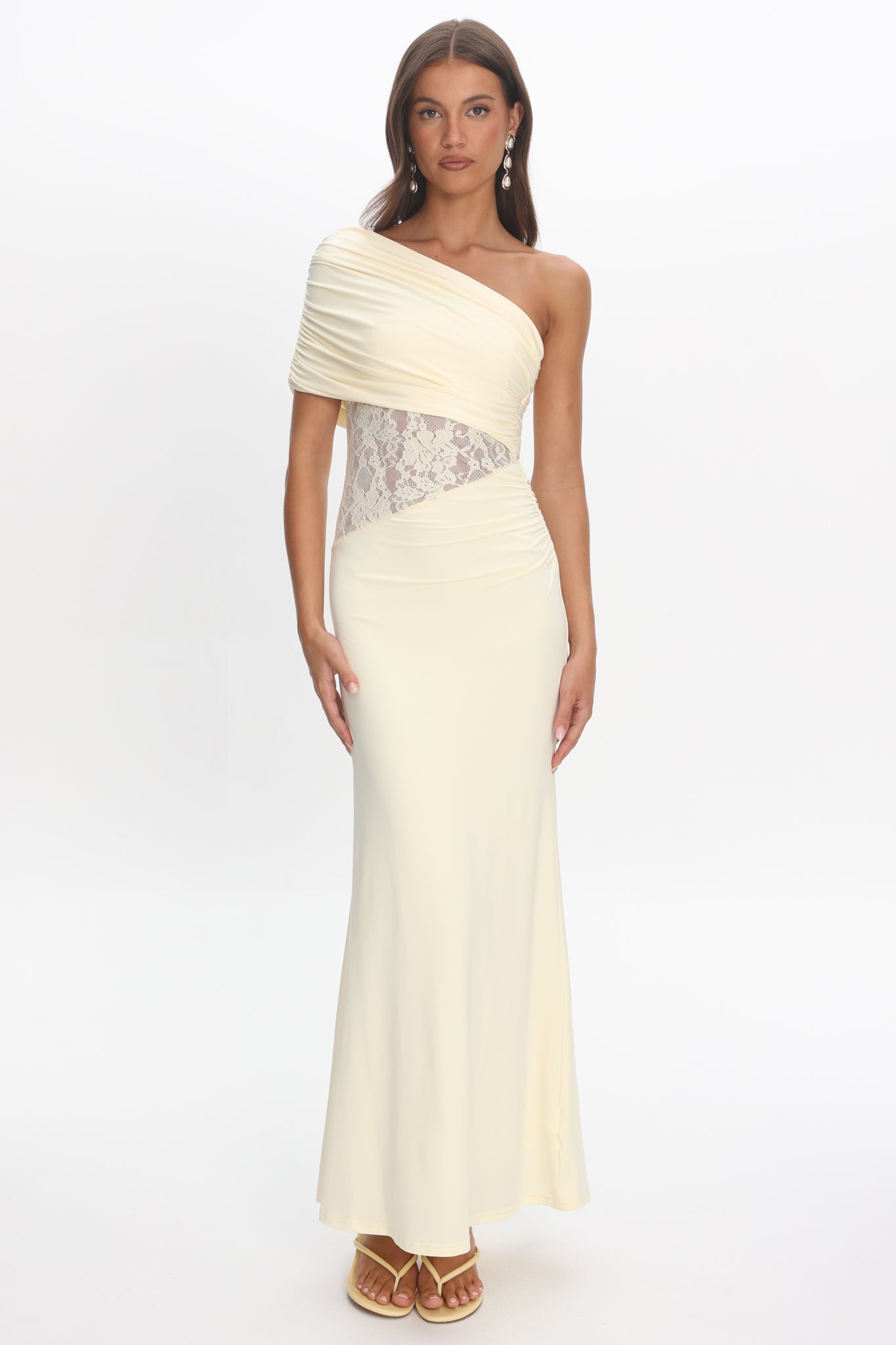 Mallorca Asymmetric Neckline Lace Maxi Dress Butter by Selfie Leslie Australia