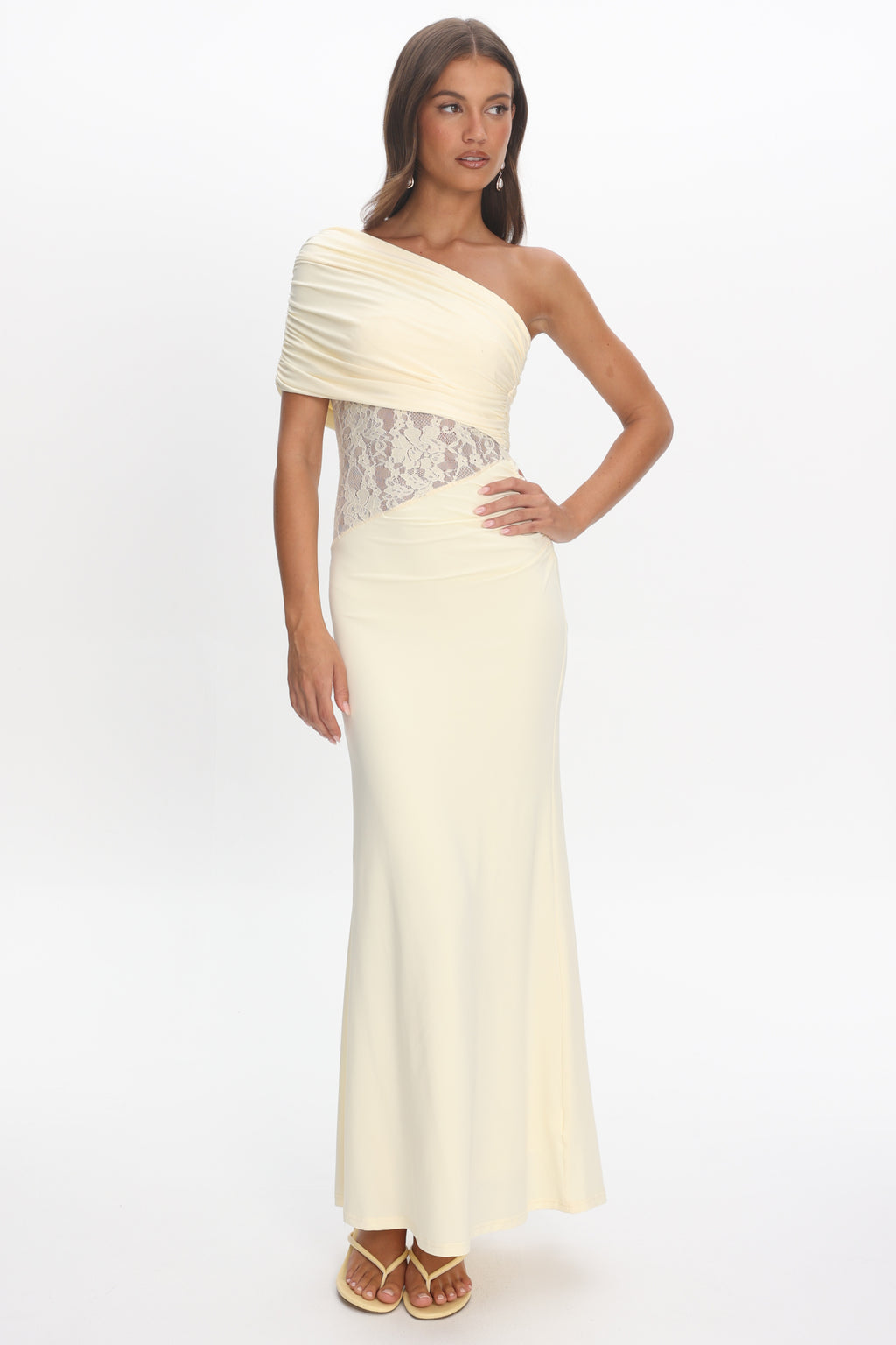 Mallorca Asymmetric Neckline Lace Maxi Dress Butter by Selfie Leslie Australia