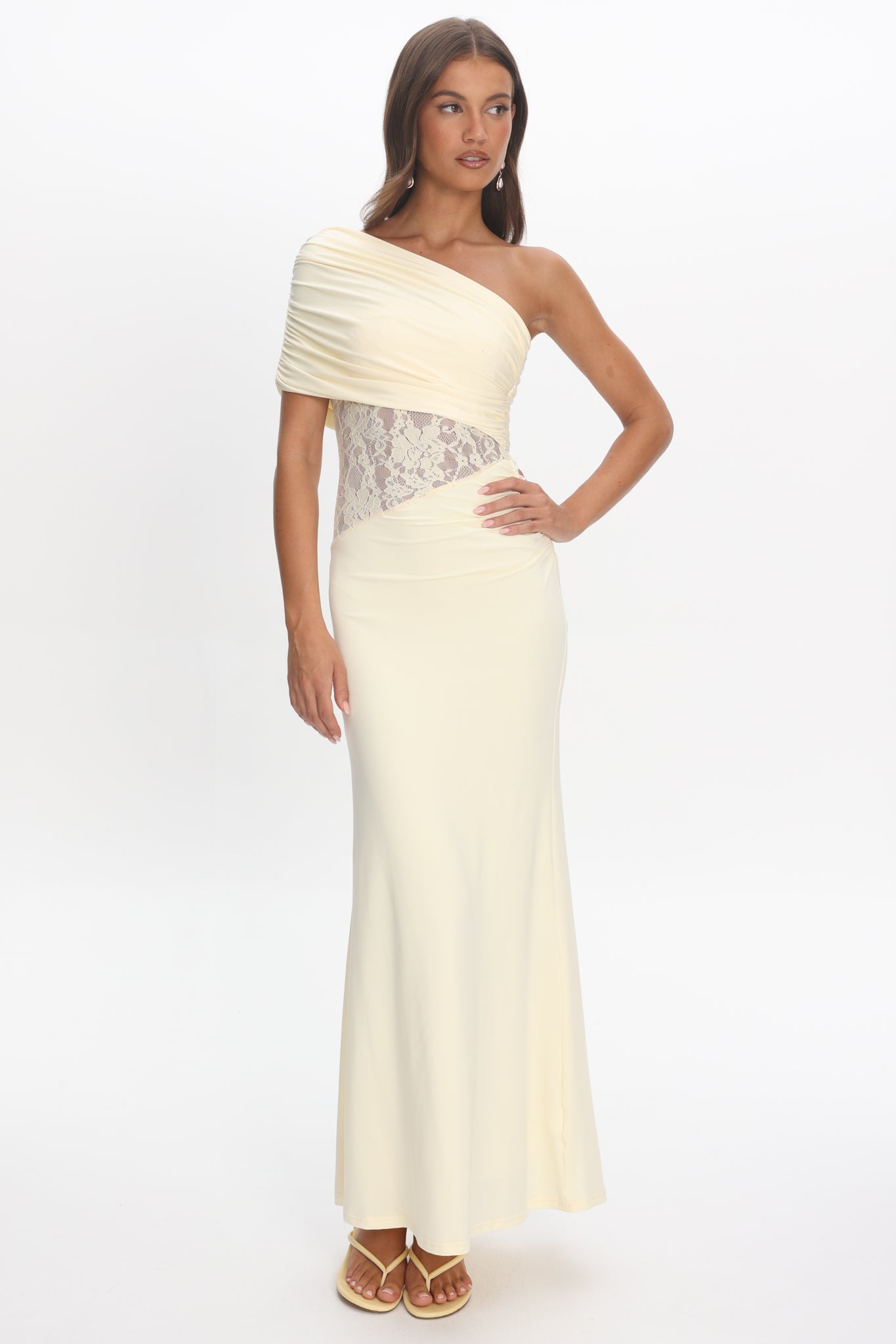 Mallorca Asymmetric Neckline Lace Maxi Dress Butter by Selfie Leslie Australia