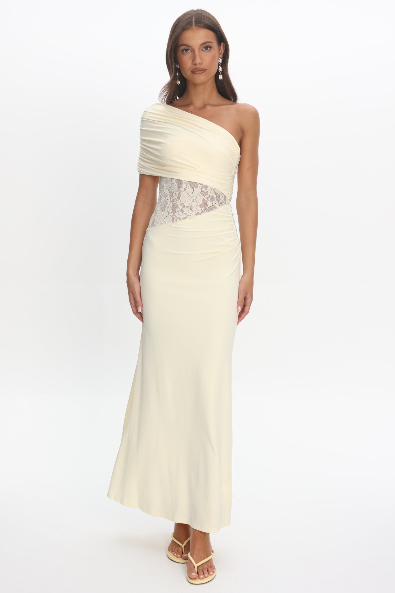Mallorca Asymmetric Neckline Lace Maxi Dress Butter by Selfie Leslie Australia