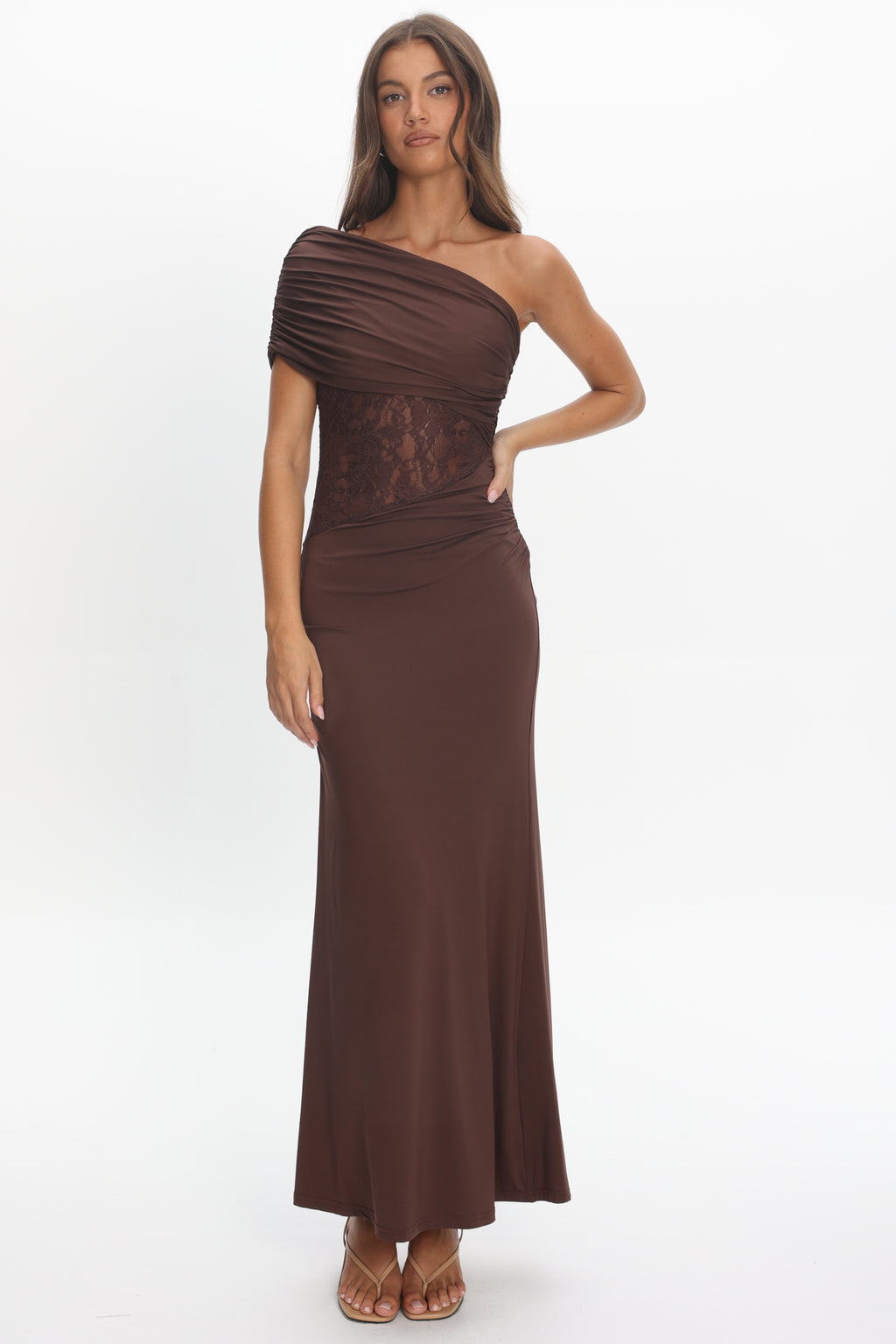 Mallorca Asymmetric Neckline Lace Maxi Dress Chocolate by Selfie Leslie Australia