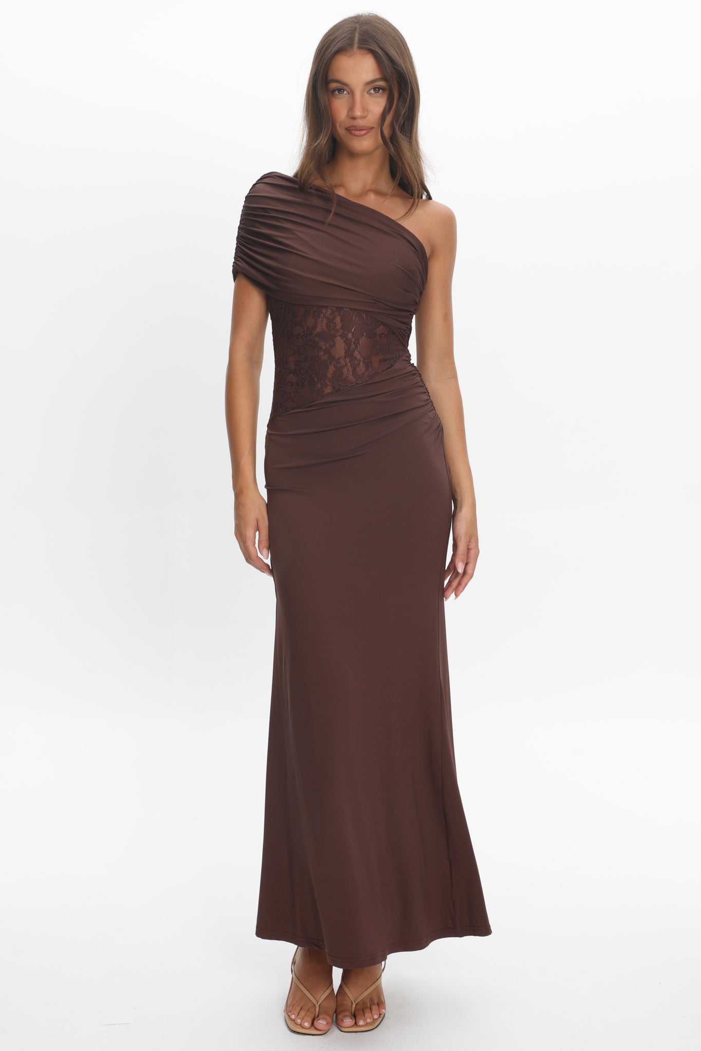 Mallorca Asymmetric Neckline Lace Maxi Dress Chocolate by Selfie Leslie Australia