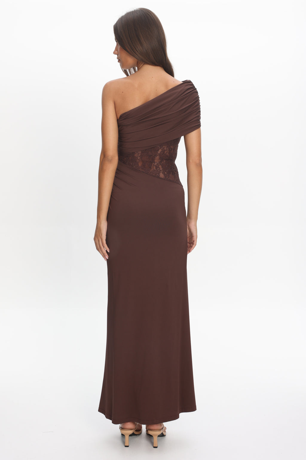 Mallorca Asymmetric Neckline Lace Maxi Dress Chocolate by Selfie Leslie Australia