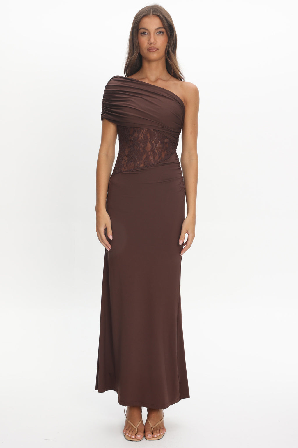 Mallorca Asymmetric Neckline Lace Maxi Dress Chocolate by Selfie Leslie Australia