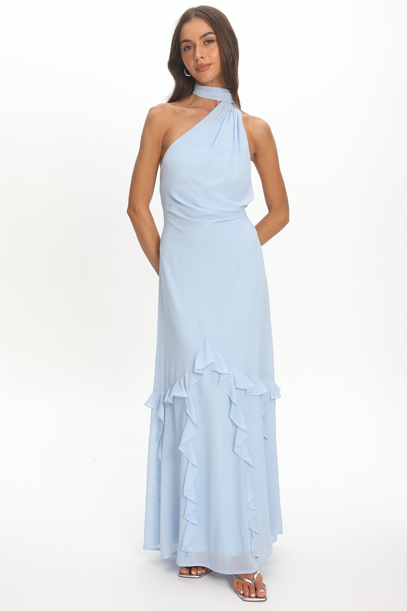 Lorielle One-Shoulder Ruffle Trim Maxi Dress Blue by Selfie Leslie Australia