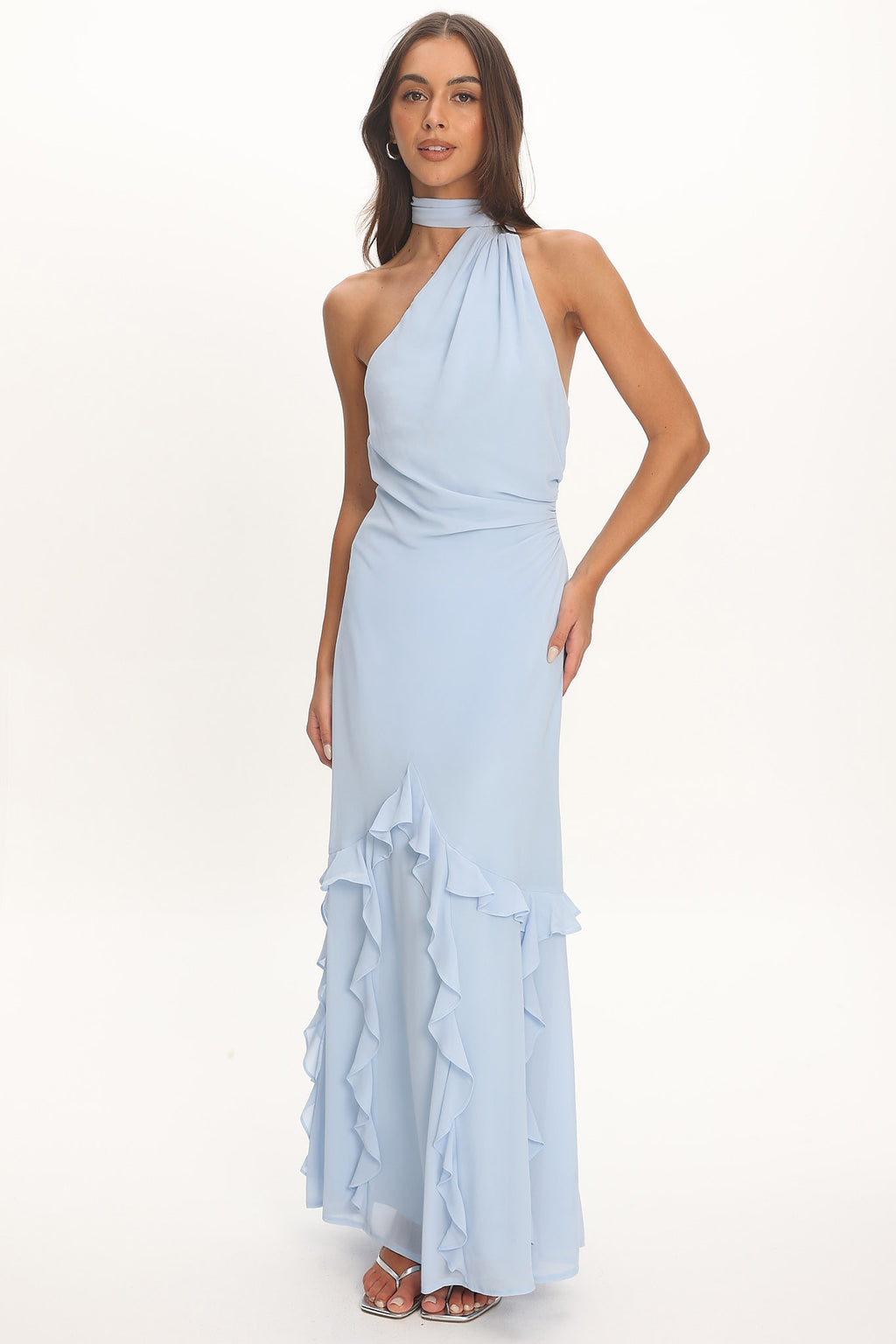Lorielle One-Shoulder Ruffle Trim Maxi Dress Blue by Selfie Leslie Australia