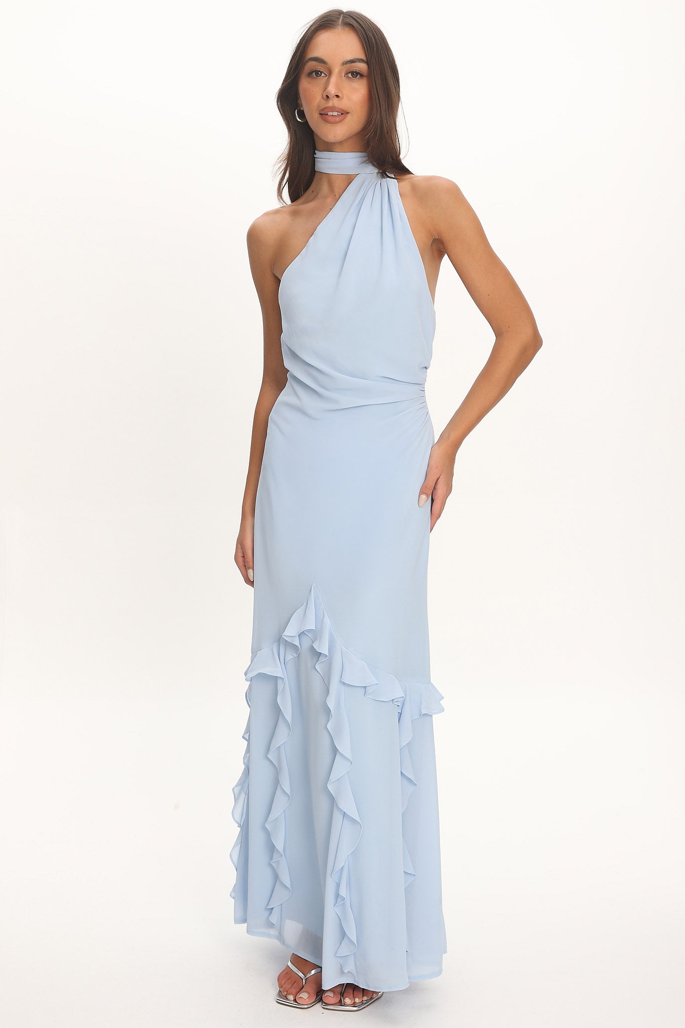 Lorielle One-Shoulder Ruffle Trim Maxi Dress Blue by Selfie Leslie Australia