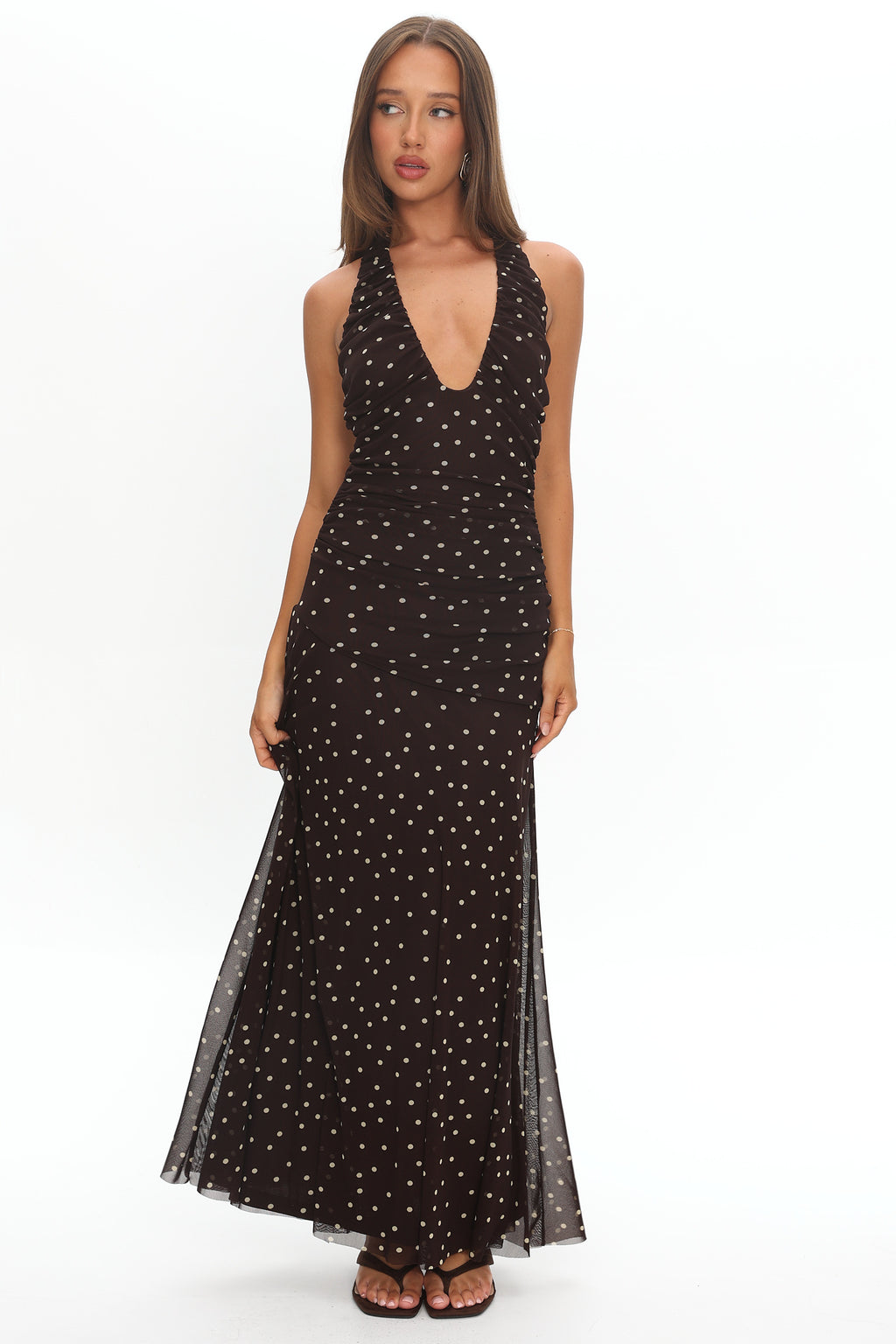 She's The Moment Plunging Halter Maxi Dress Polka Dot Brown by Selfie Leslie Australia