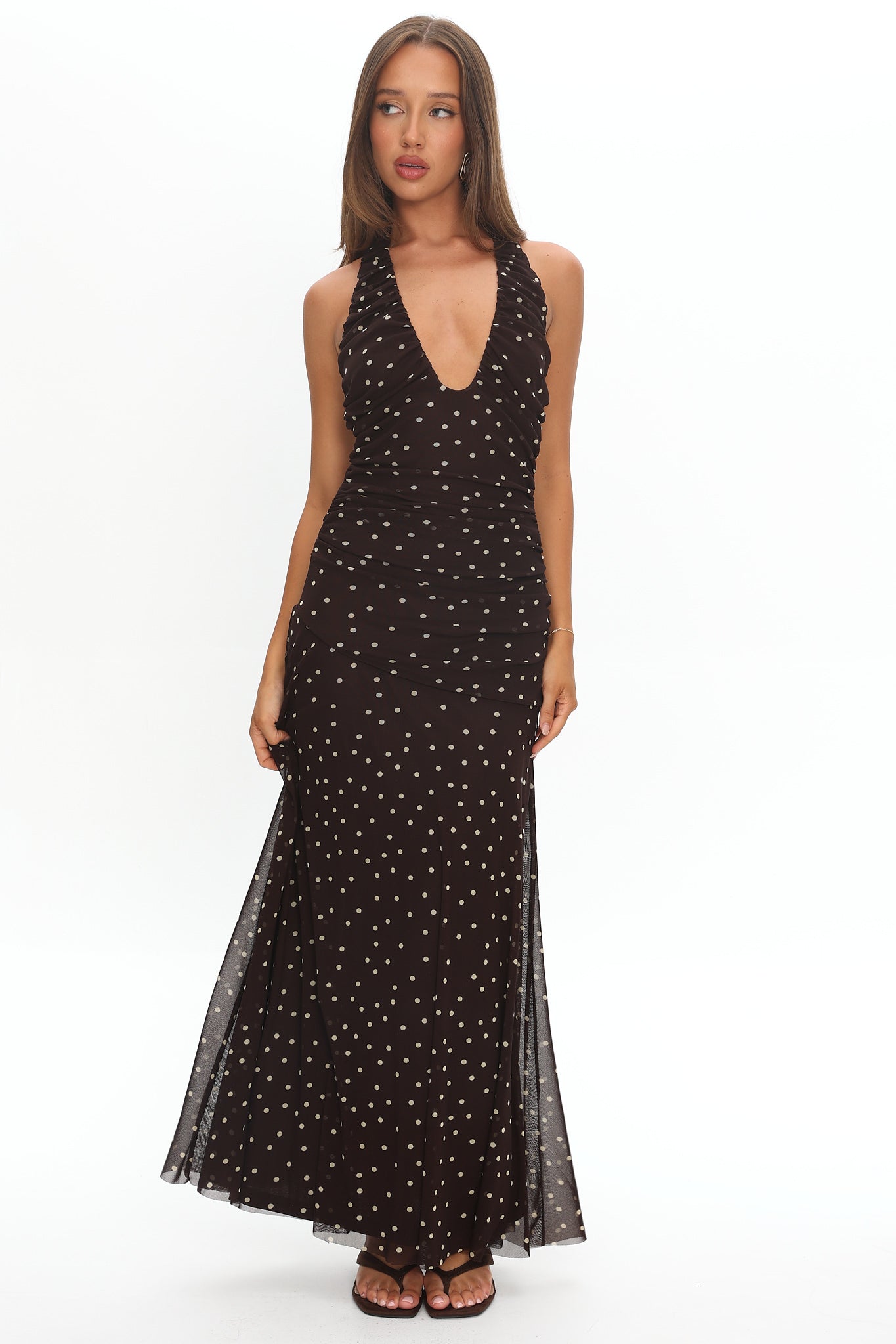 She's The Moment Plunging Halter Maxi Dress Polka Dot Brown by Selfie Leslie Australia