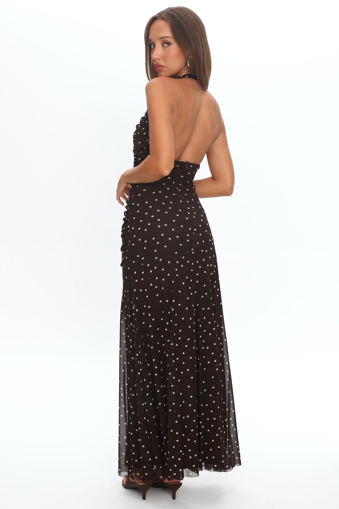 She's The Moment Plunging Halter Maxi Dress Polka Dot Brown by Selfie Leslie Australia