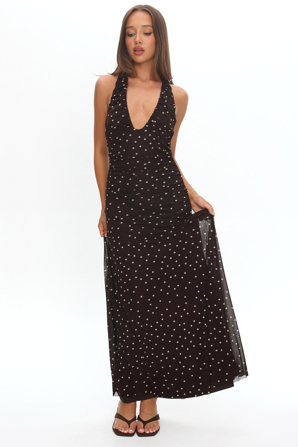 She's The Moment Plunging Halter Maxi Dress Polka Dot Brown by Selfie Leslie Australia