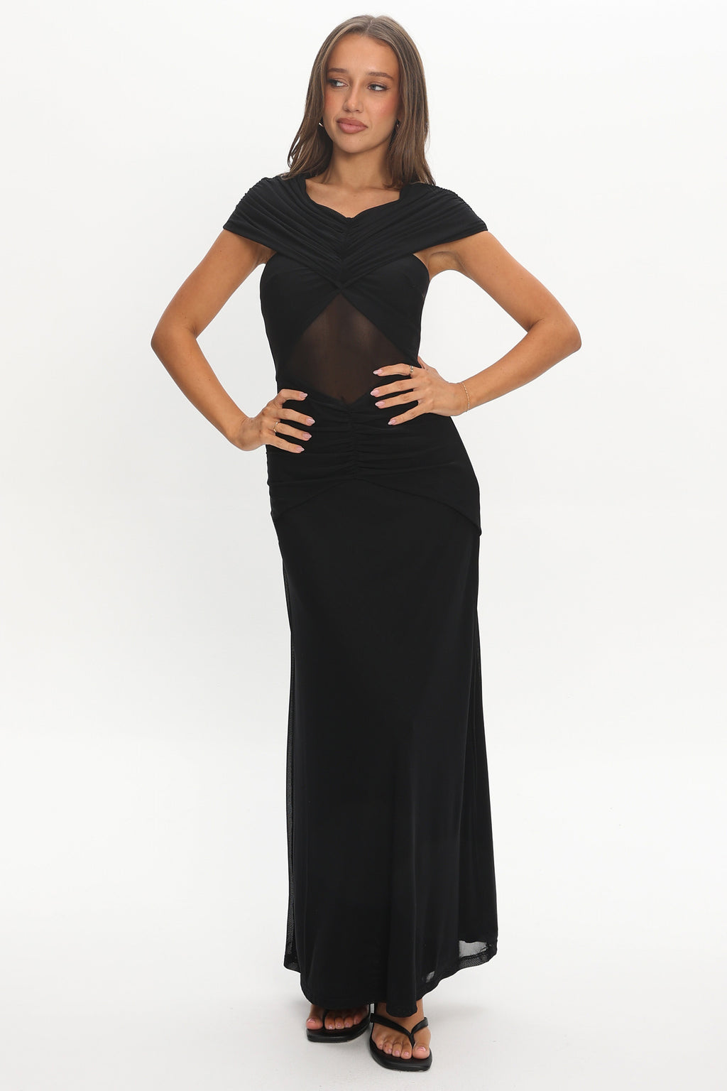 Reba Sheer Waist Ruched Maxi Waist Black