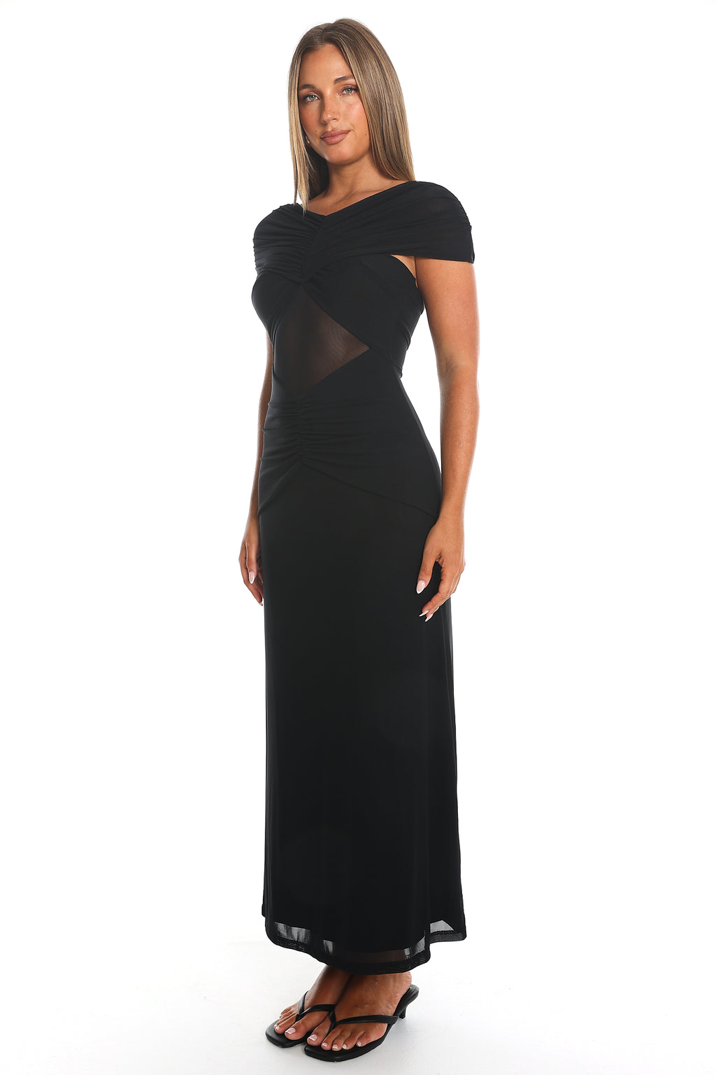 Reba Sheer Waist Ruched Maxi Waist Black