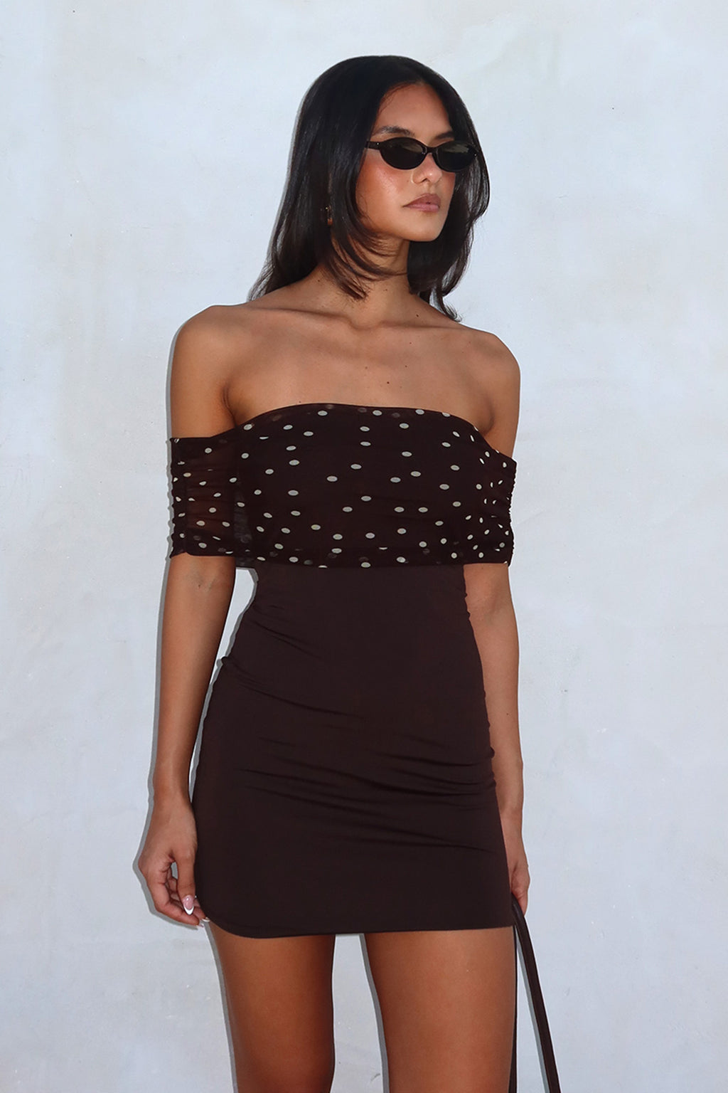 Zimi Off-Shoulder Mini Dress Brown by Selfie Leslie Australia